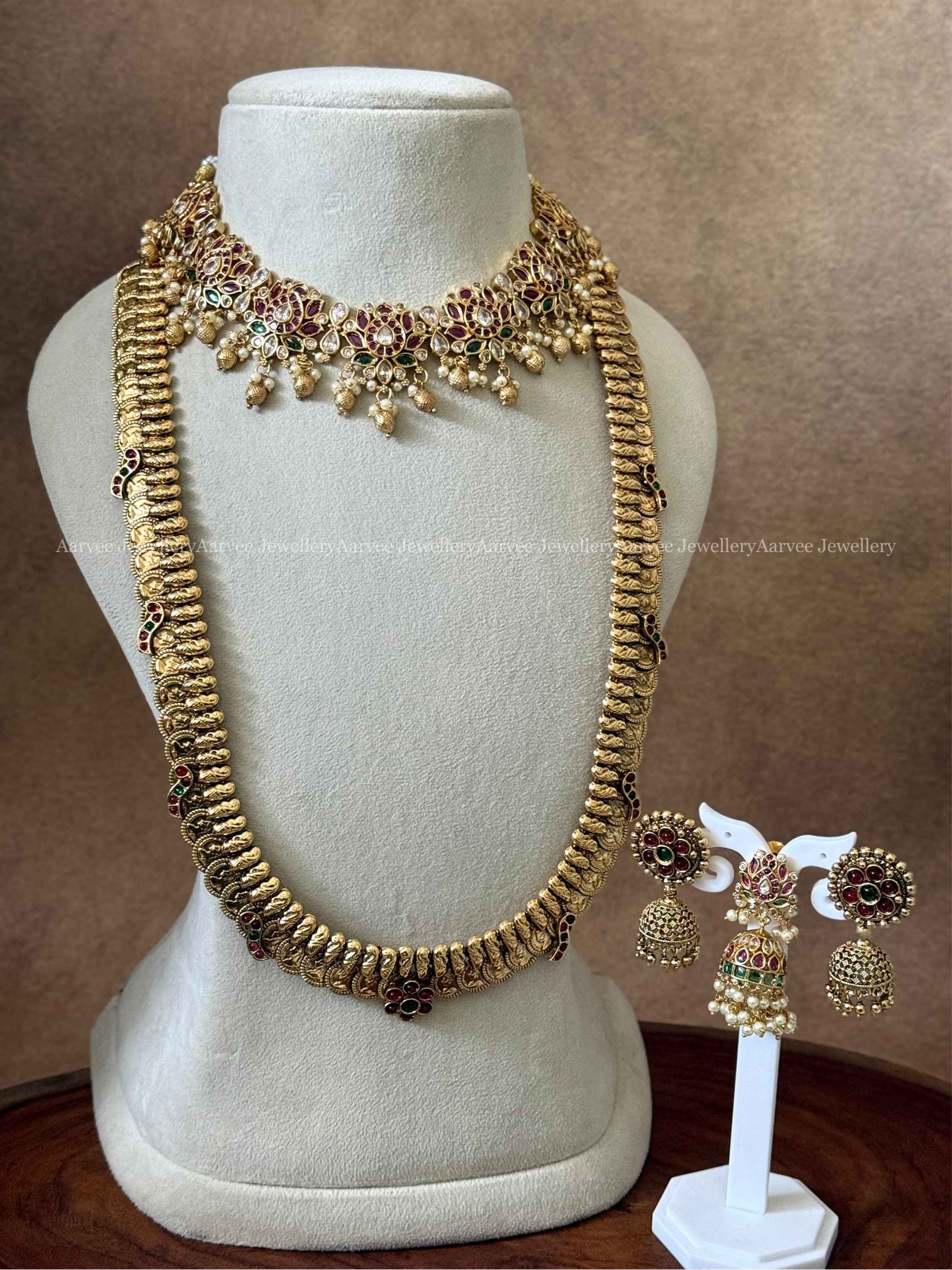 COMBO - LOTUS NECKLACE SET WITH COIN MID LENGTH HARAM SET