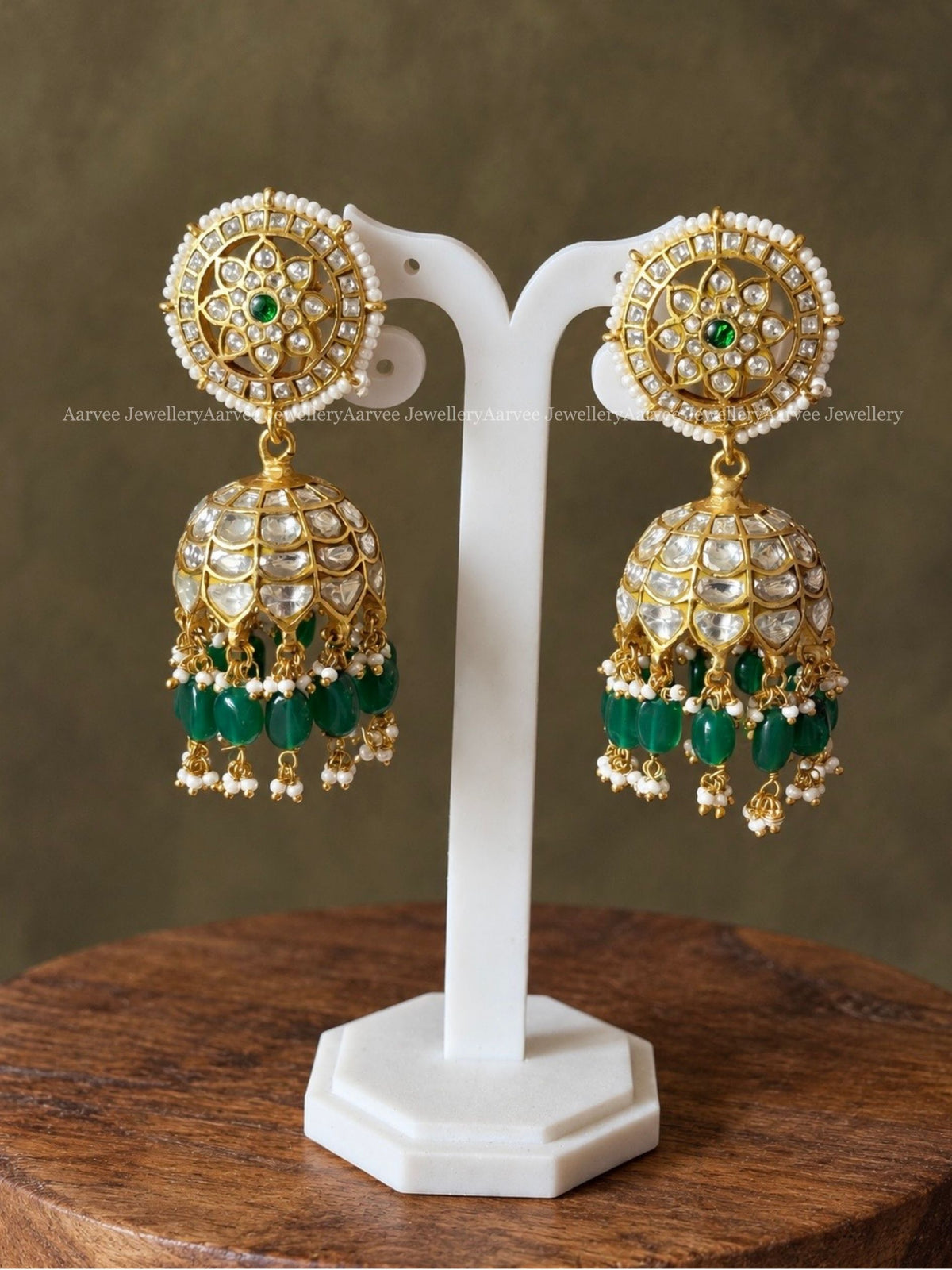 JADAU KUNDAN WHITE STONES BUTTA JHUMKI GREEN BEADS