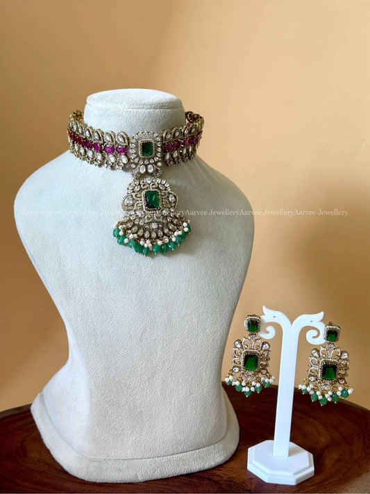 PREMIUM VICTORIAN BRIDAL CHOKER SET WITH PINK/ WHITE STONES AND GREEN BEADS