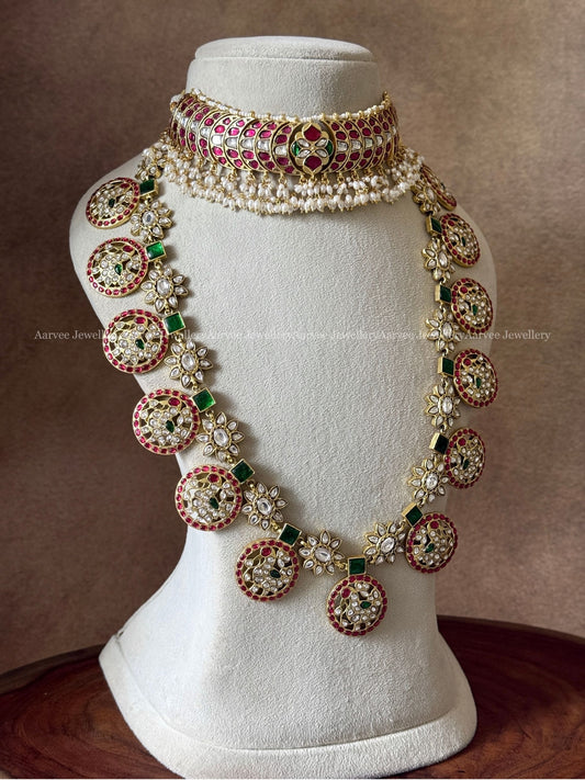 JADAU KUNDAN RUBY / GREEN STONES CRESCENT CHOKER WITH BOTTU MALA HARAM