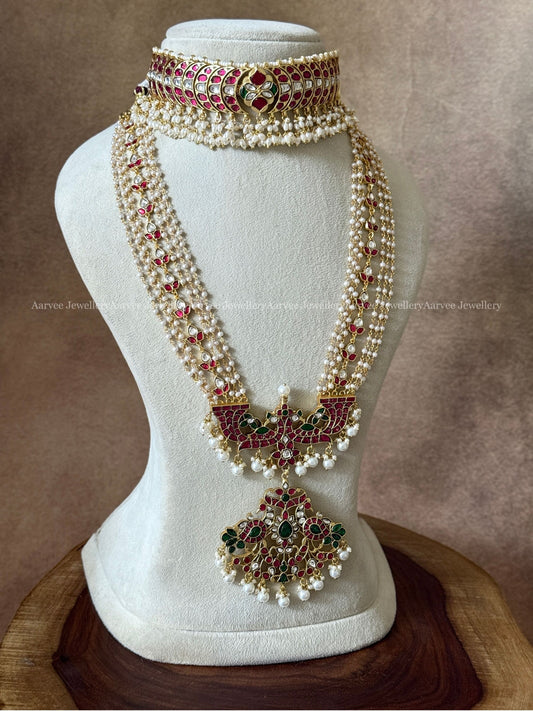 JADAU KUNDAN RUBY CRESCENT CHOKER WITH PEARL BUNCH PEACOCK PENDANT HARAM 