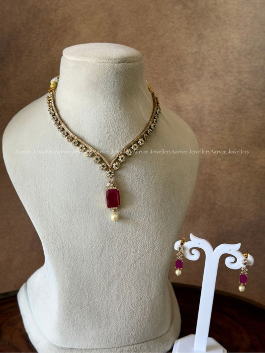 CLEARANCE - CZ NECKLACE SET WITH RUBY STONE