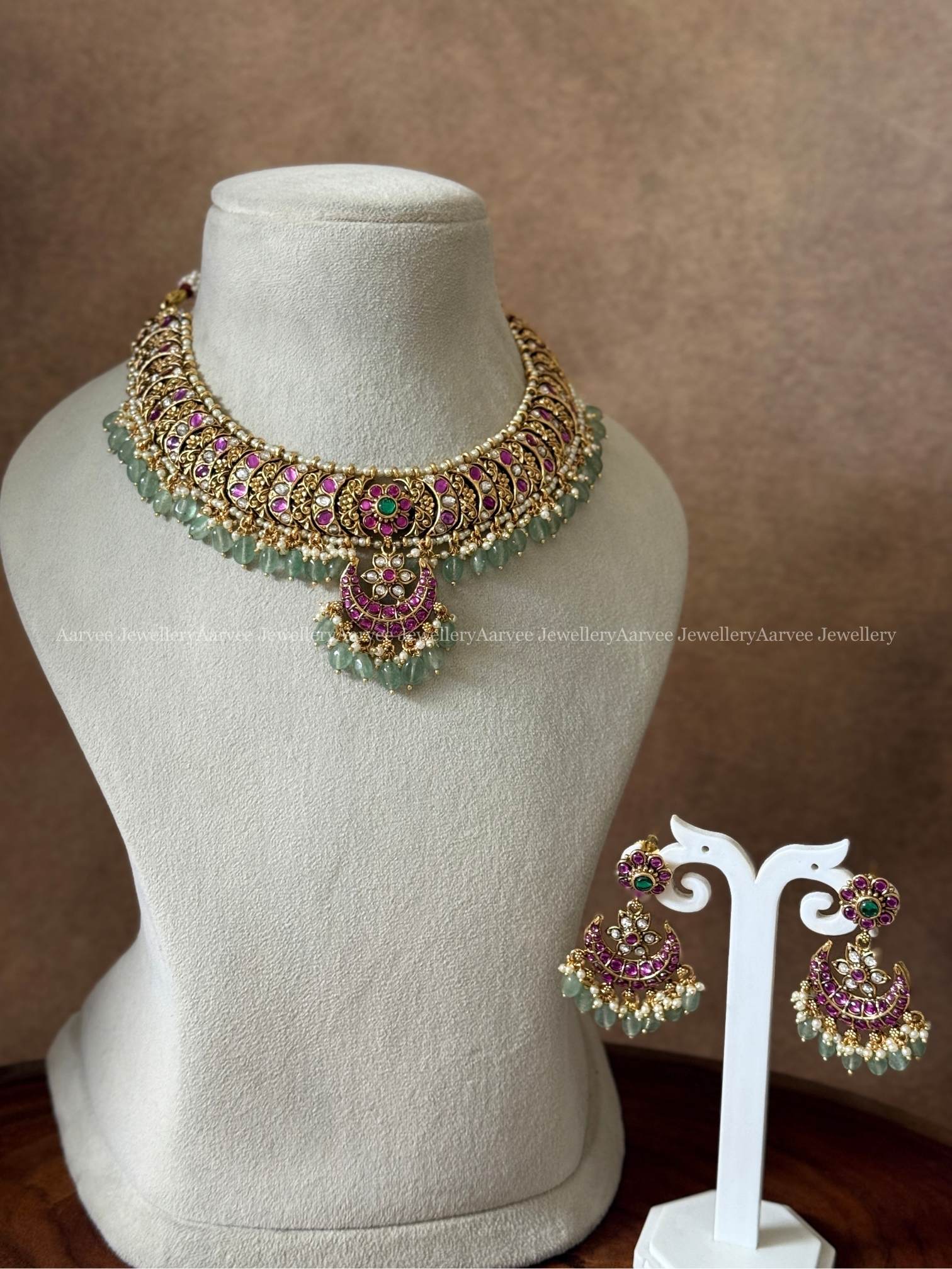 KUNDAN HALF MOON & FLORAL MOTIF NECKLACE SET WITH RUBY/WHITE STONE AND PASTEL BEADS