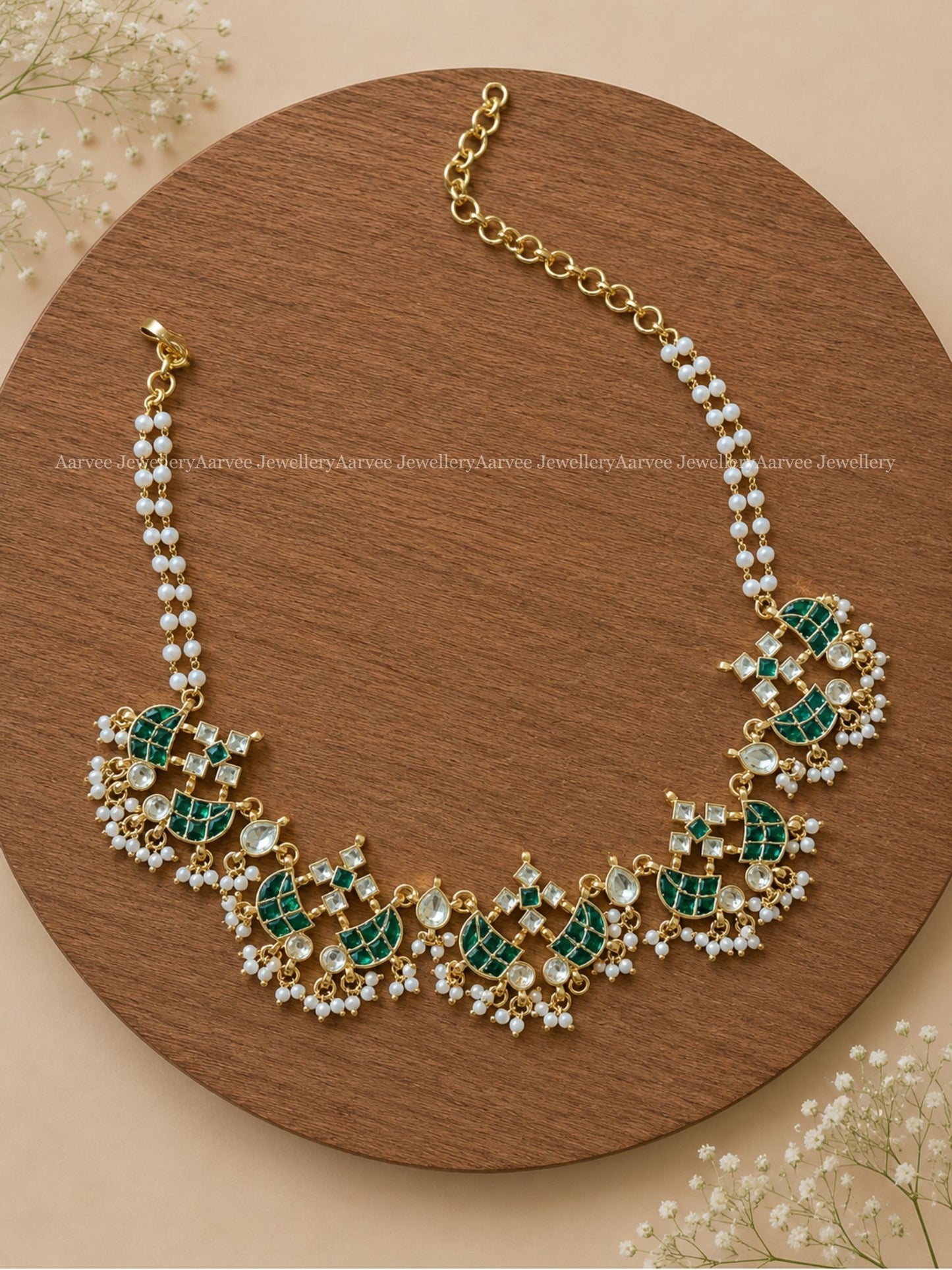 POLKI KUNDAN FIVE PENDANT GREEN STONE PEARL LINE NECKLACE 