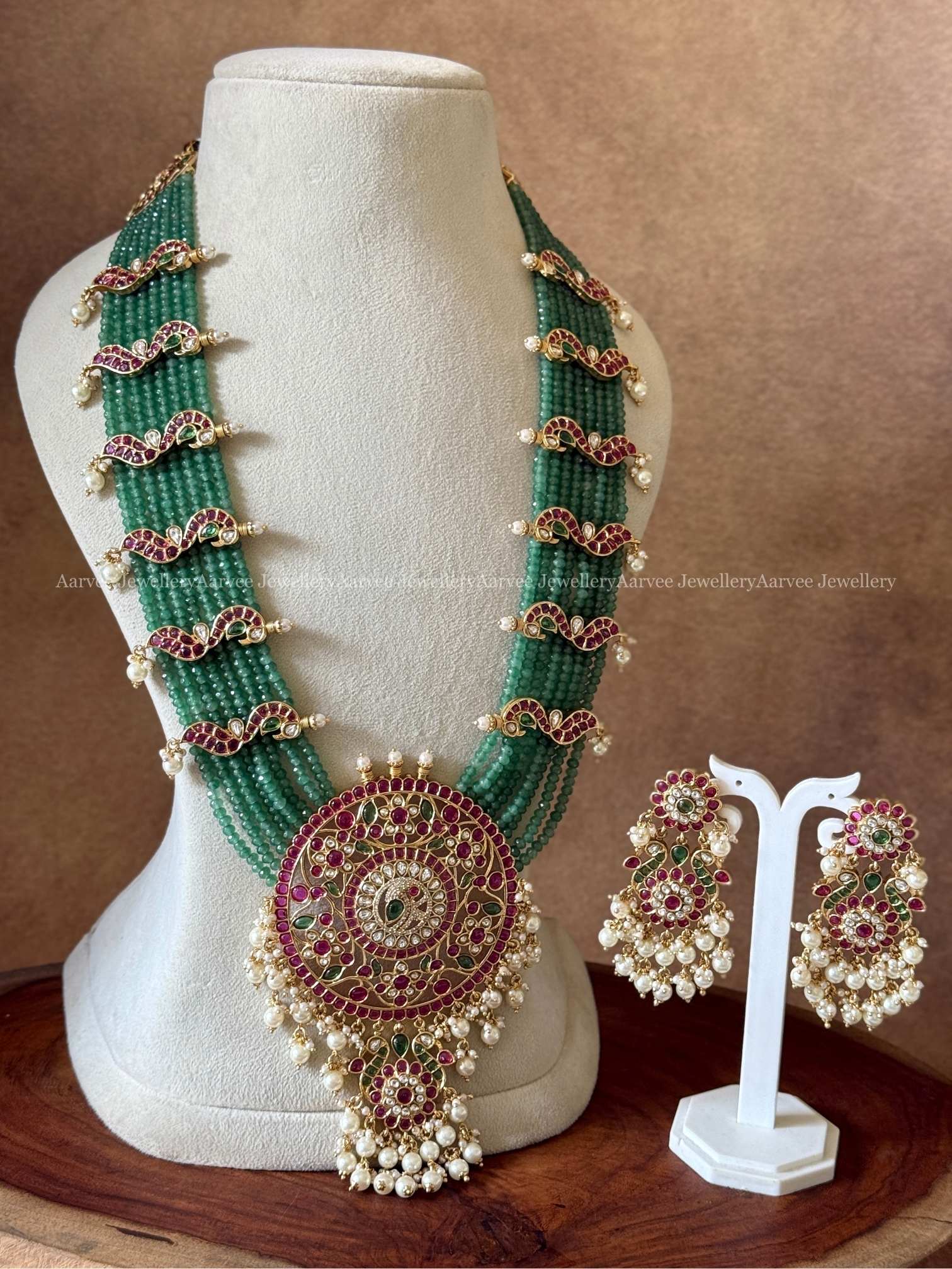 PASTEL BEADED HARAM SET WITH KEMP STONE ROUND PENDANT AND PEARLS
