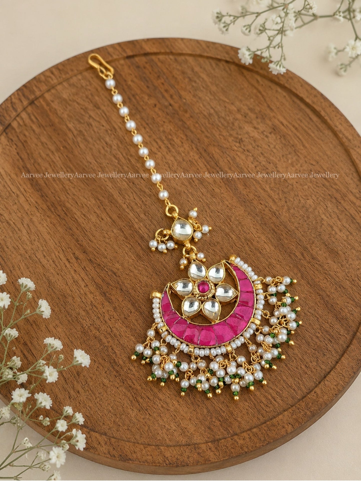 POLKI KUNDAN PEARL LINE PINK / WHITE STONES FLORAL TIKKA