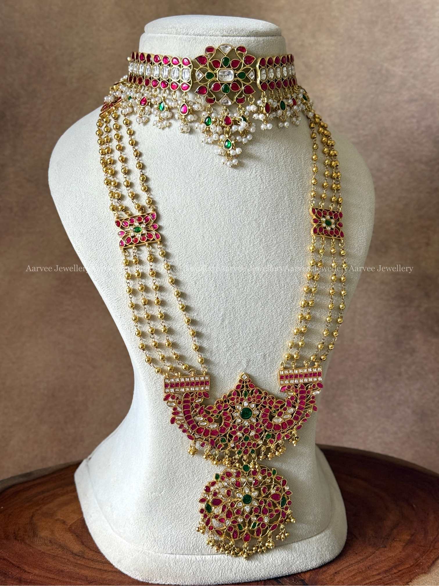 JADAU KUNDAN SEMI BRIDAL - RUBY STONE FLORAL HIGH NECK CHOKER WITH LAYERED HARAM