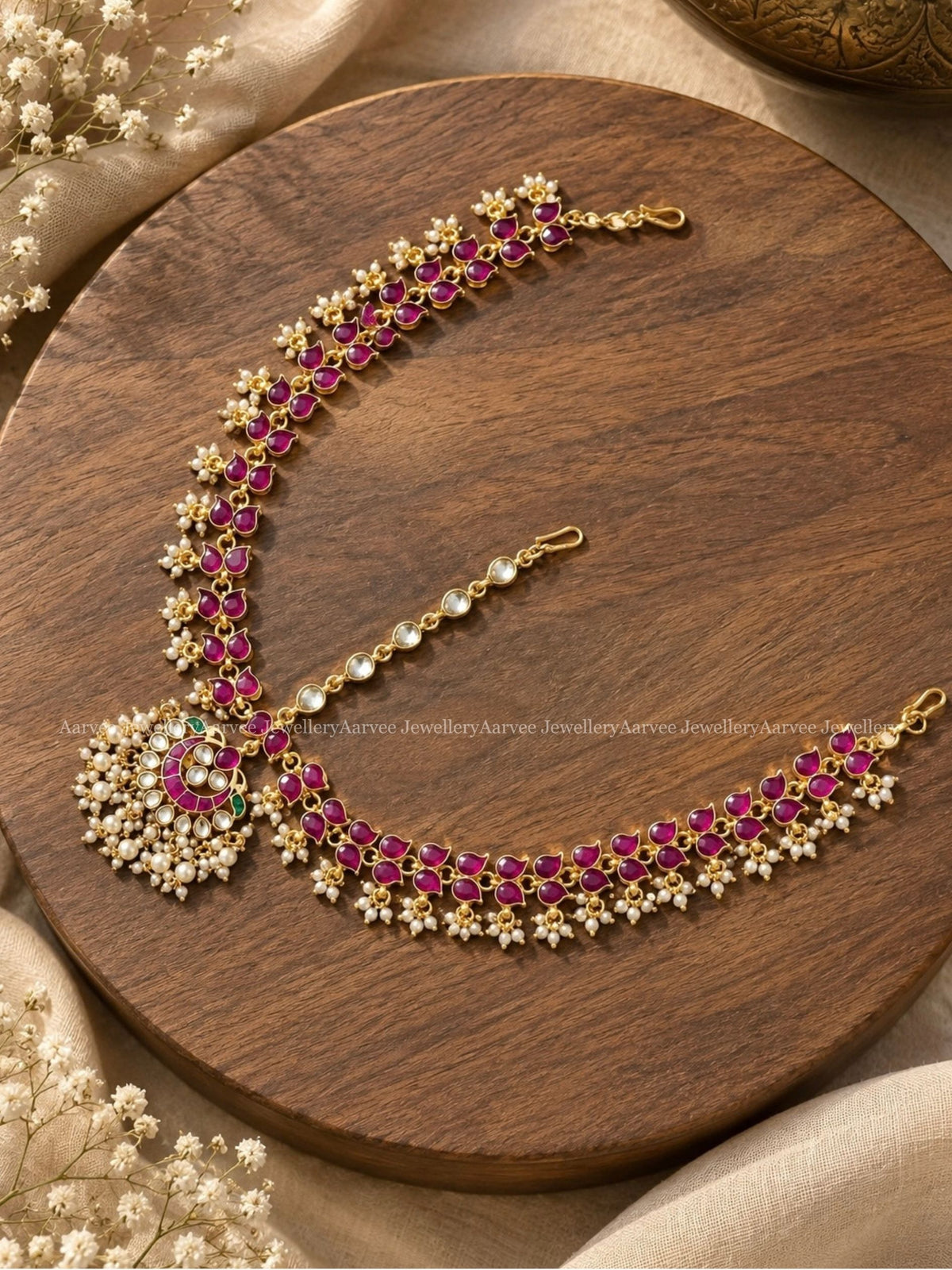 POLKI KUNDAN RUBY STONE MATHAPATHI WITH PEARLS