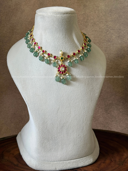 JADAU KUNDAN MINIMAL RUBY STONE NECKLACE WITH PASTEL BEADS