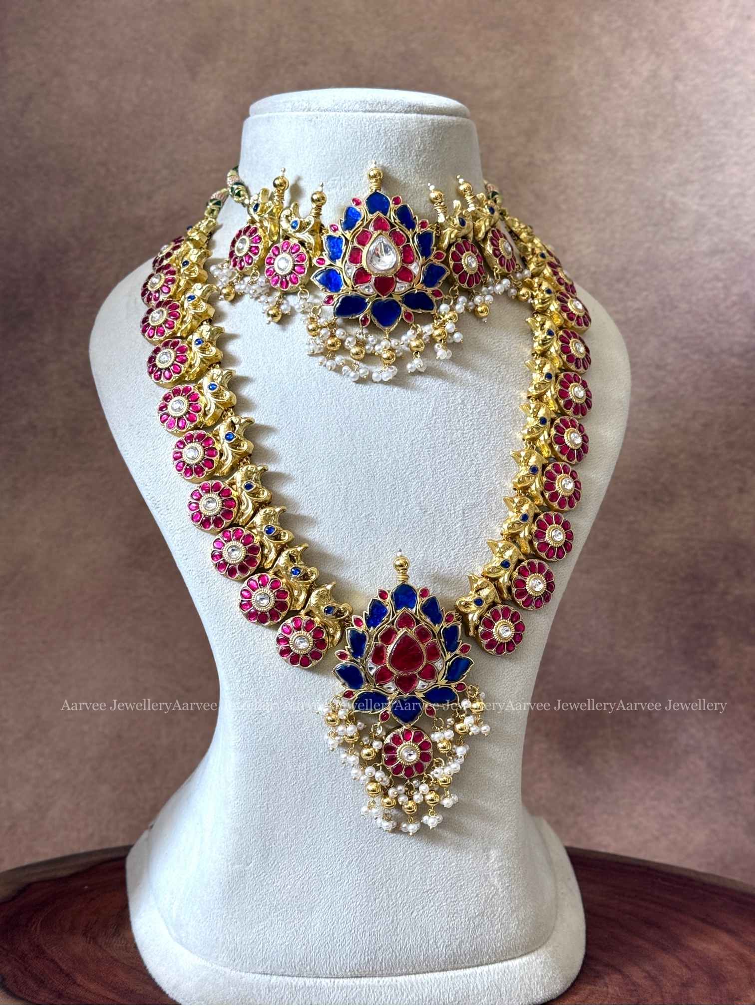 COMBO - JADAU KUNDAN BLUE / PINK STONES LOTUS CHOKER AND HARAM WITH PEARL & GOLD BEADS