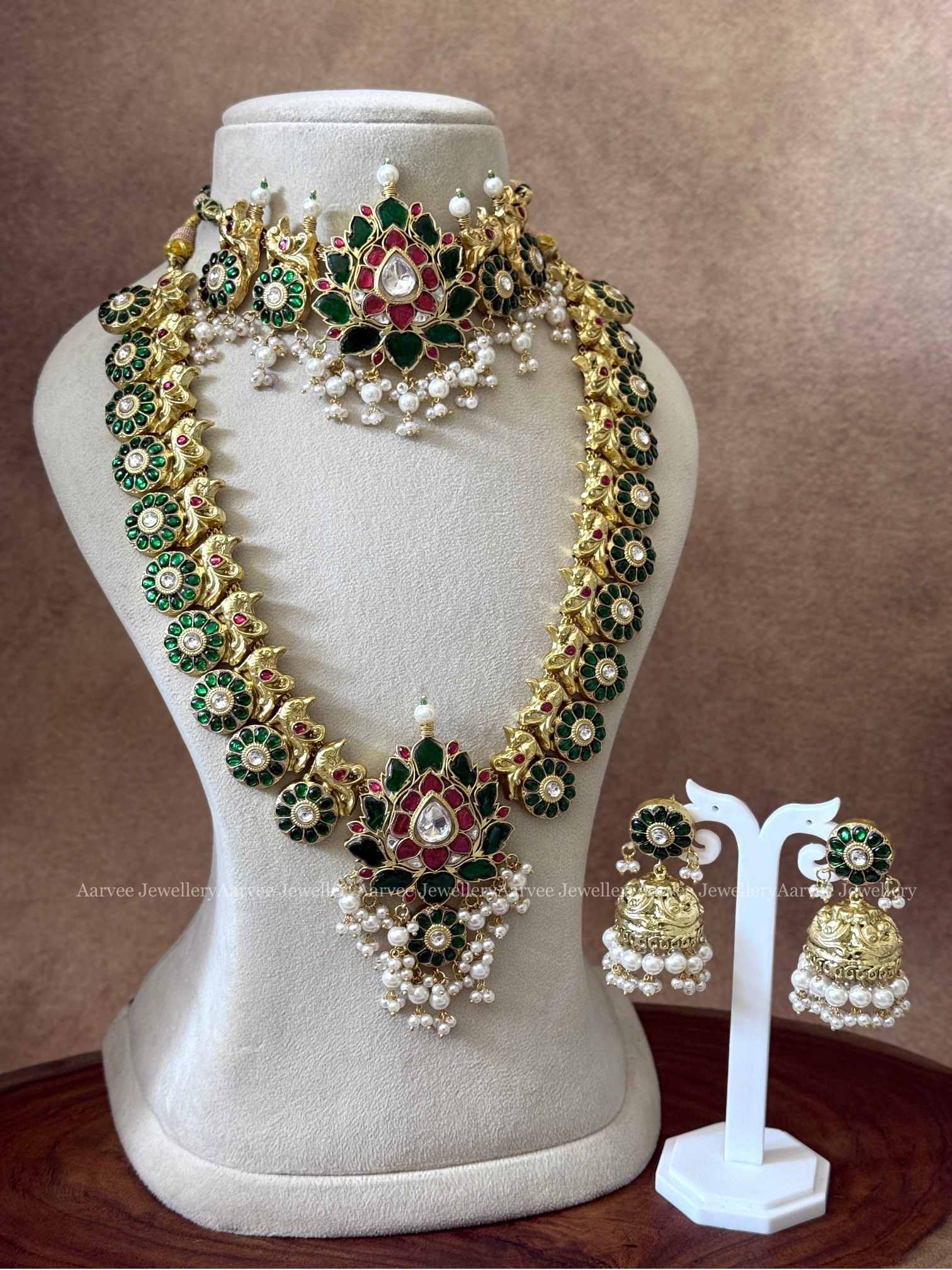 COMBO -  JADAU KUNDAN GREEN STONES LOTUS CHOKER AND BUTTA HARAM SET WITH PEARL BEADS