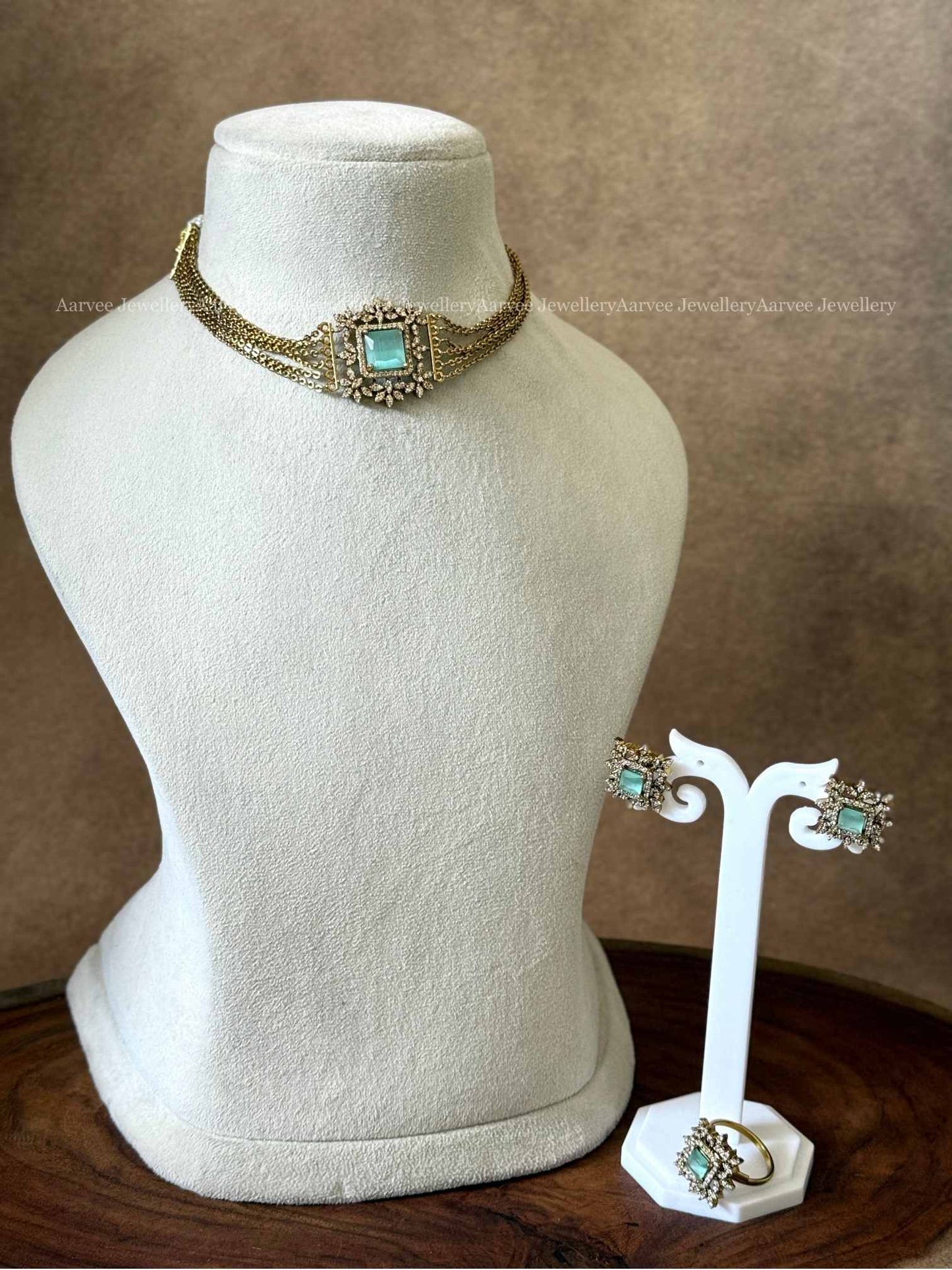 PASTEL BLUE CZ STONE GOLD CHAIN CHOKER SET