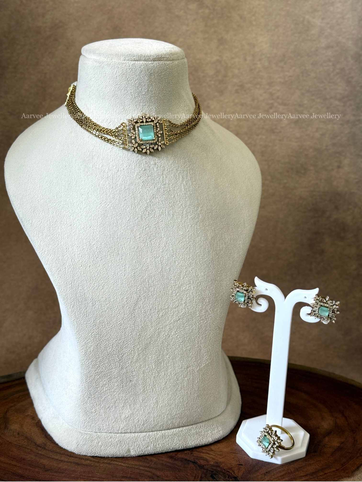 PASTEL BLUE CZ STONE GOLD CHAIN CHOKER SET