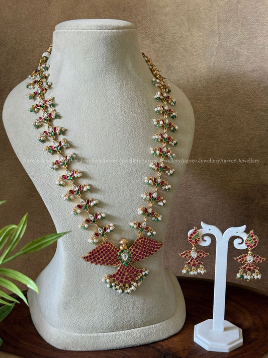 HIGH QUALITY MULTI COLOUR FLORAL KEMP HARAM SET WITH GANDABERUNDA PENDANT WITH PASTEL BEADS