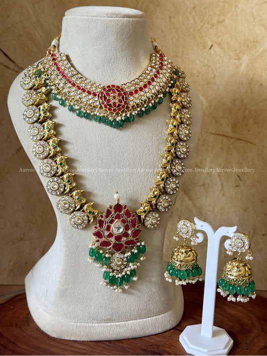 JADAU KUNDAN PINK & WHITE STONE BUTTA NECKLACE WITH WHITE STONE BOTTU HARAM WITH PINK STONE LOTUS PENDANT AND BOTTLE GREEN BEADS