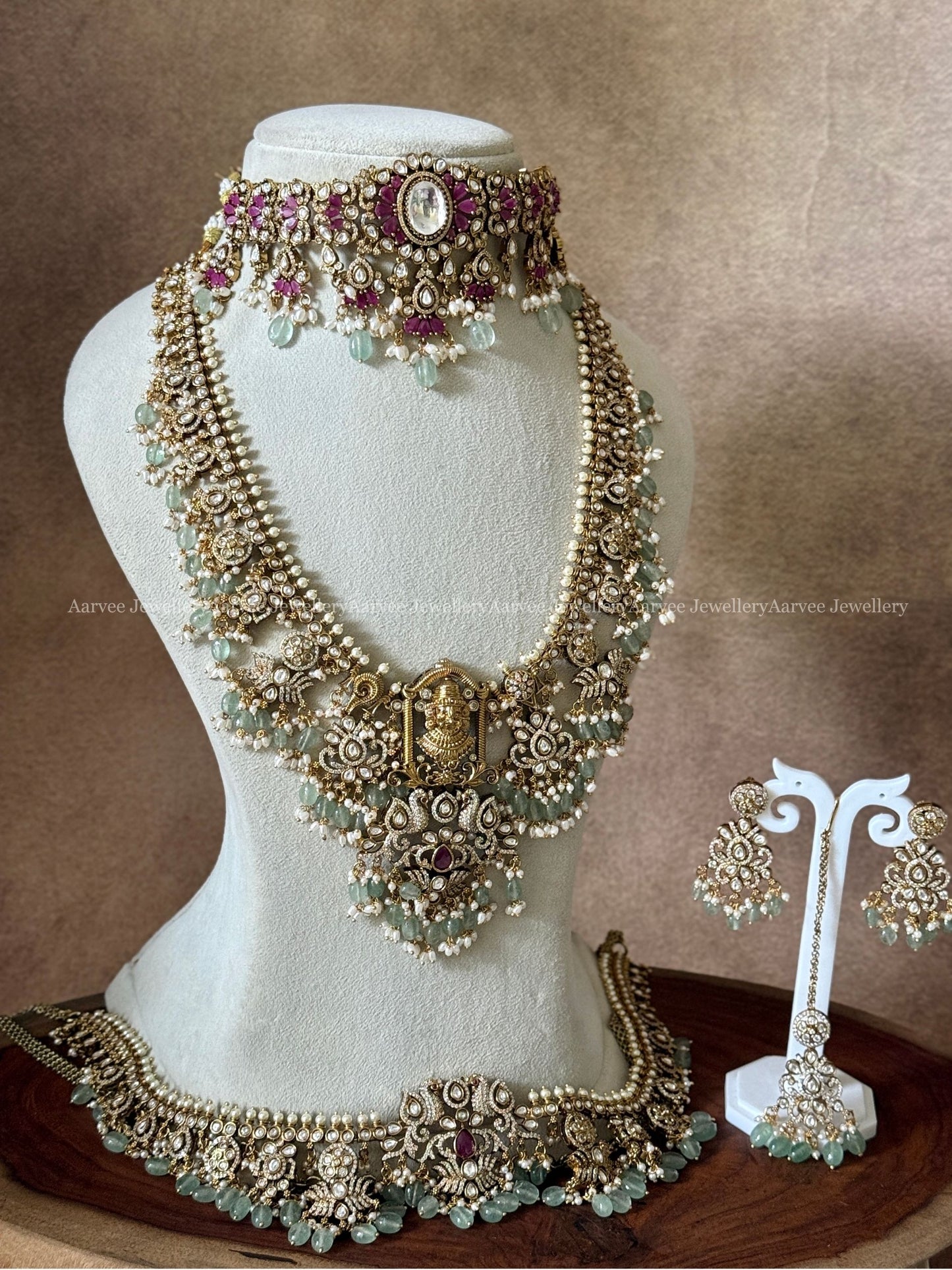 VICTORIAN RUBY STONE GUTTA PUSALU BRIDAL JEWELLERY SET WITH PASTEL BEADS
