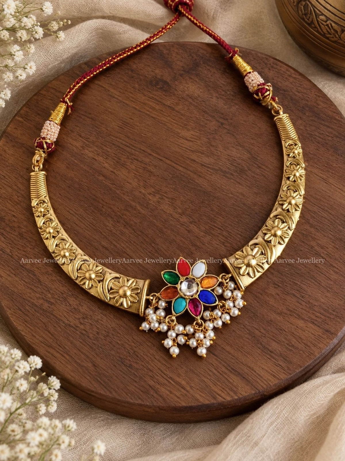 JADAU KUNDAN GOLD TONE KANTI NECKLACE WITH NAVARATHNA STONE FLORAL PENDANT 