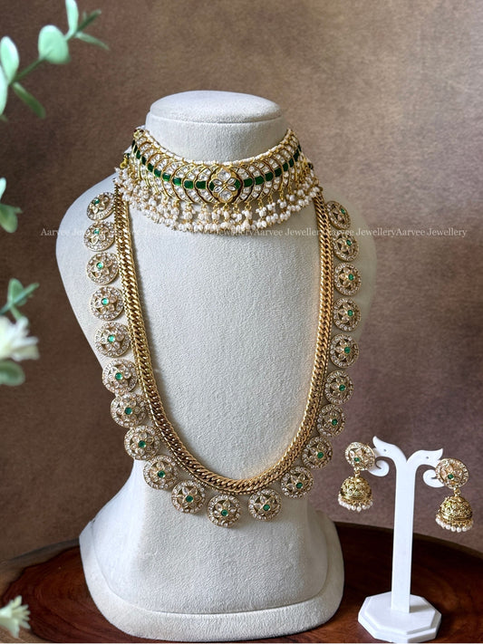 JADAU KUNDAN WHITE / GREEN CRESCENT CHOKER WITH KEMP BOTTU MALA HARAM SET