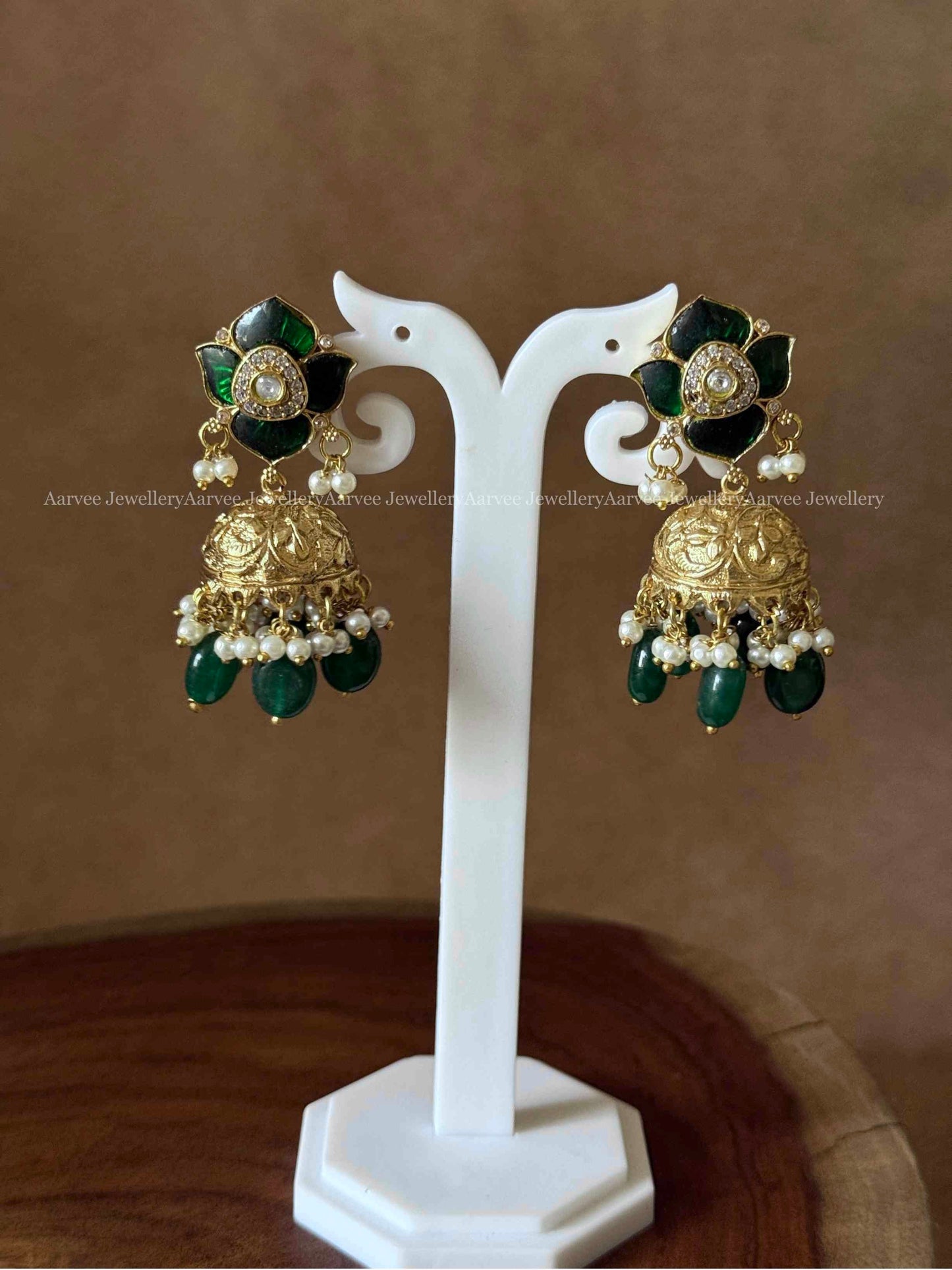 CLEARANCE - GREEN STONE FLORAL JHUMKI WITH GREEN BEADS
