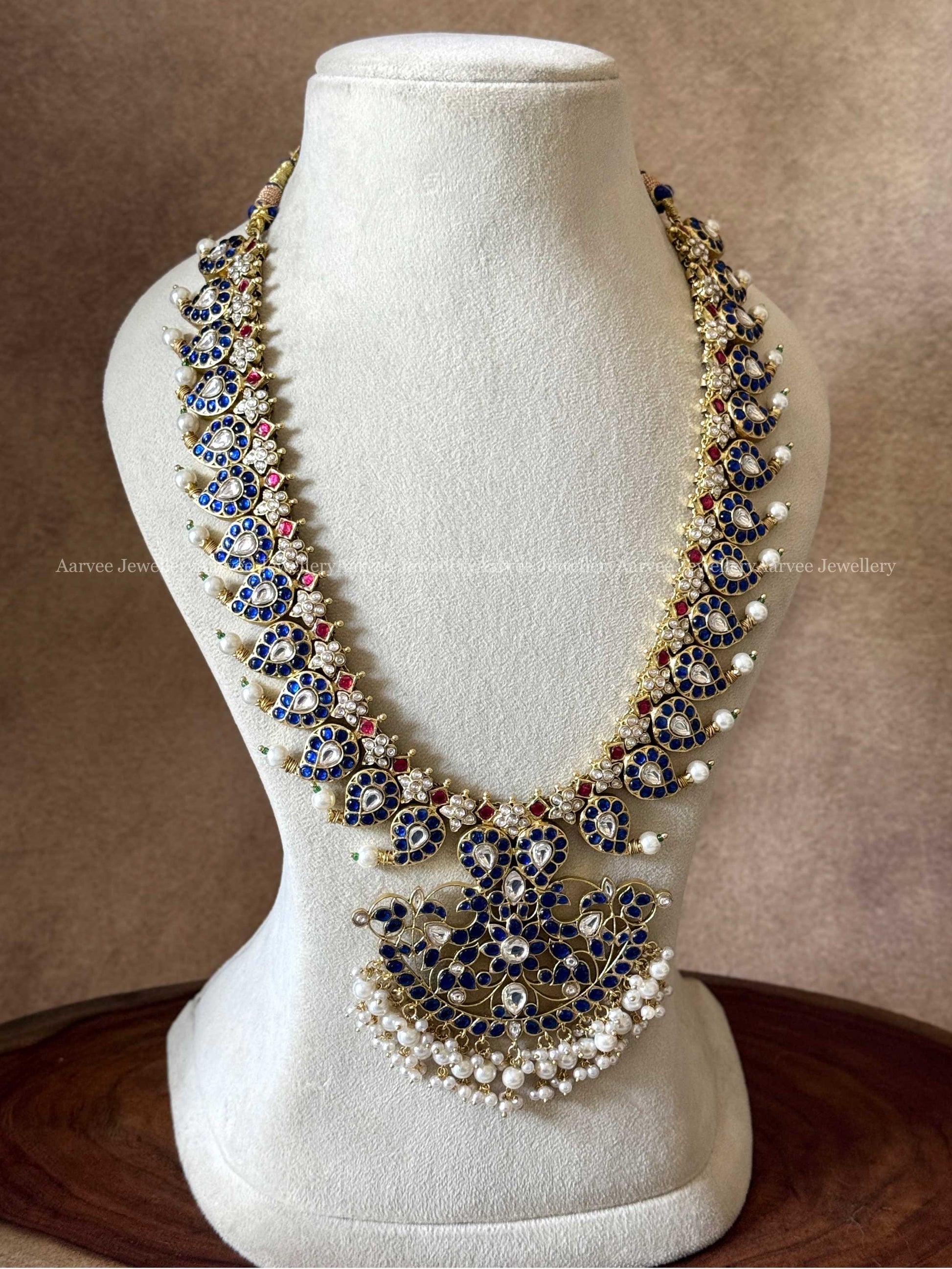 JADAU KUNDAN BLUE / PINK STONES MANGO HARAM WITH PEARLS