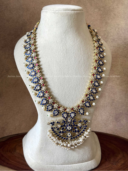 JADAU KUNDAN BLUE / PINK STONES MANGO HARAM WITH PEARLS