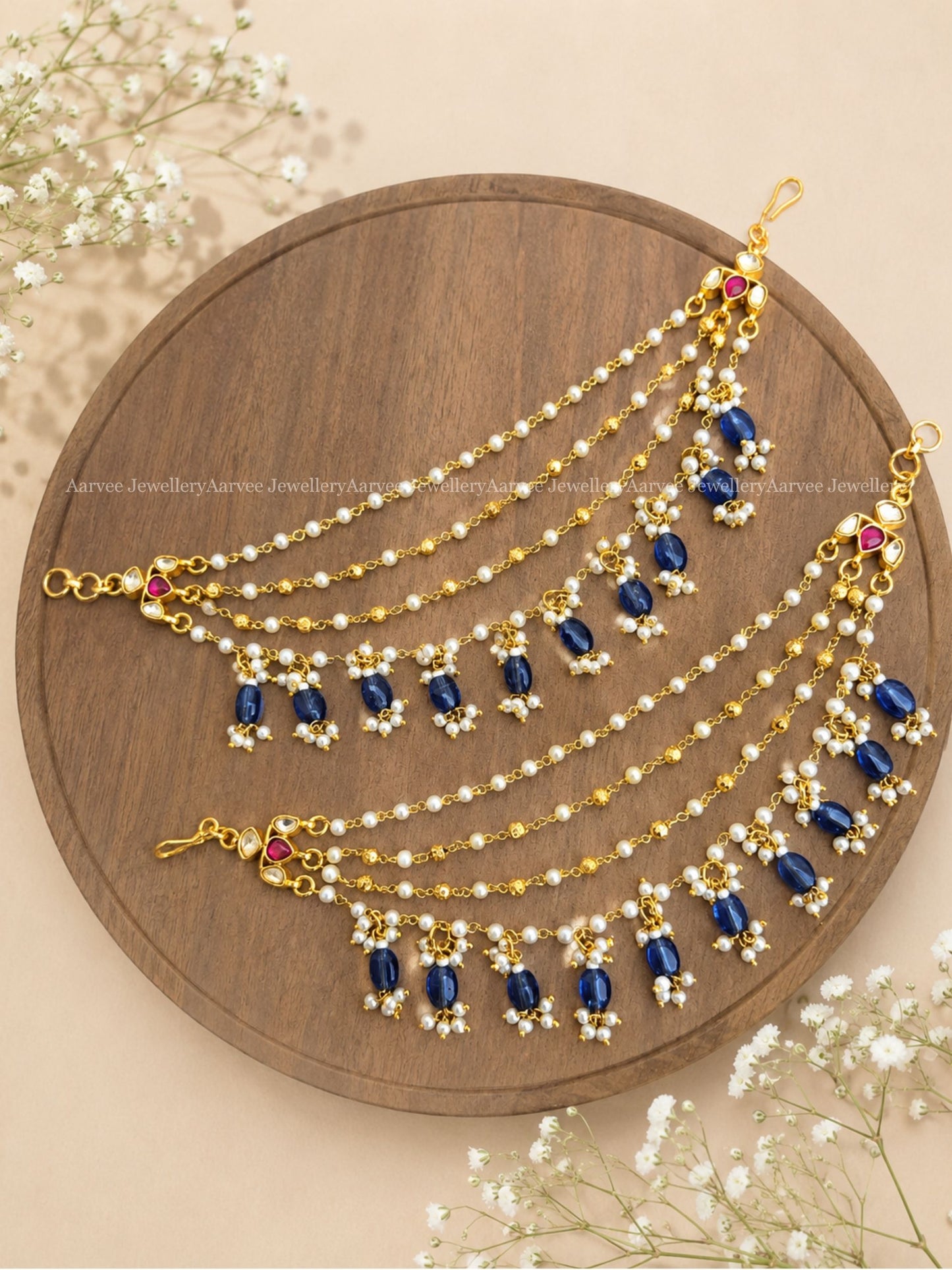 POLKI KUNDAN LAYERED EAR CHAIN WITH BLUE BEAD DROPS