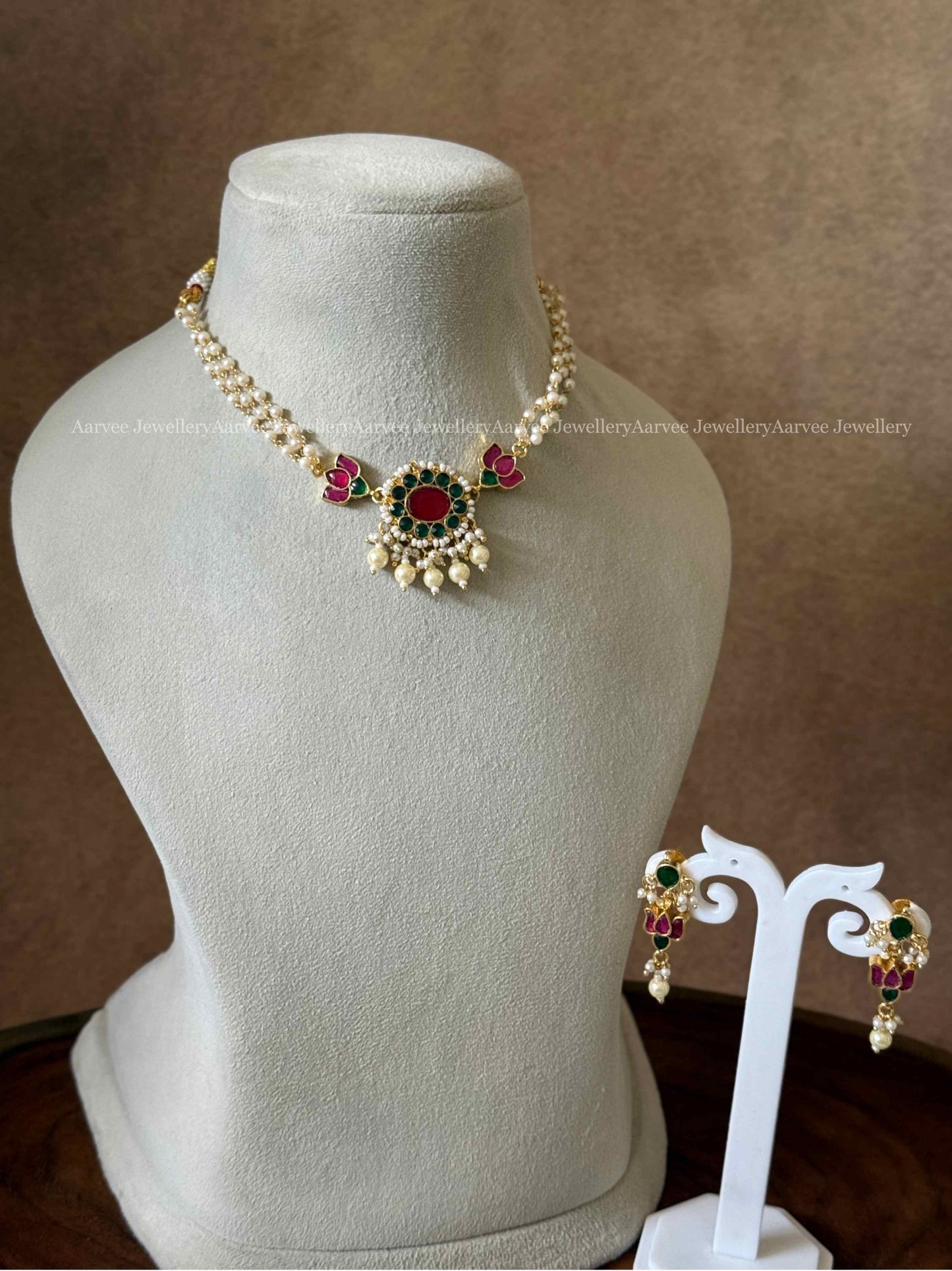 POLKI KUNDAN RUBY/ GREEN STONE LOTUS PEARL CHOKER SET