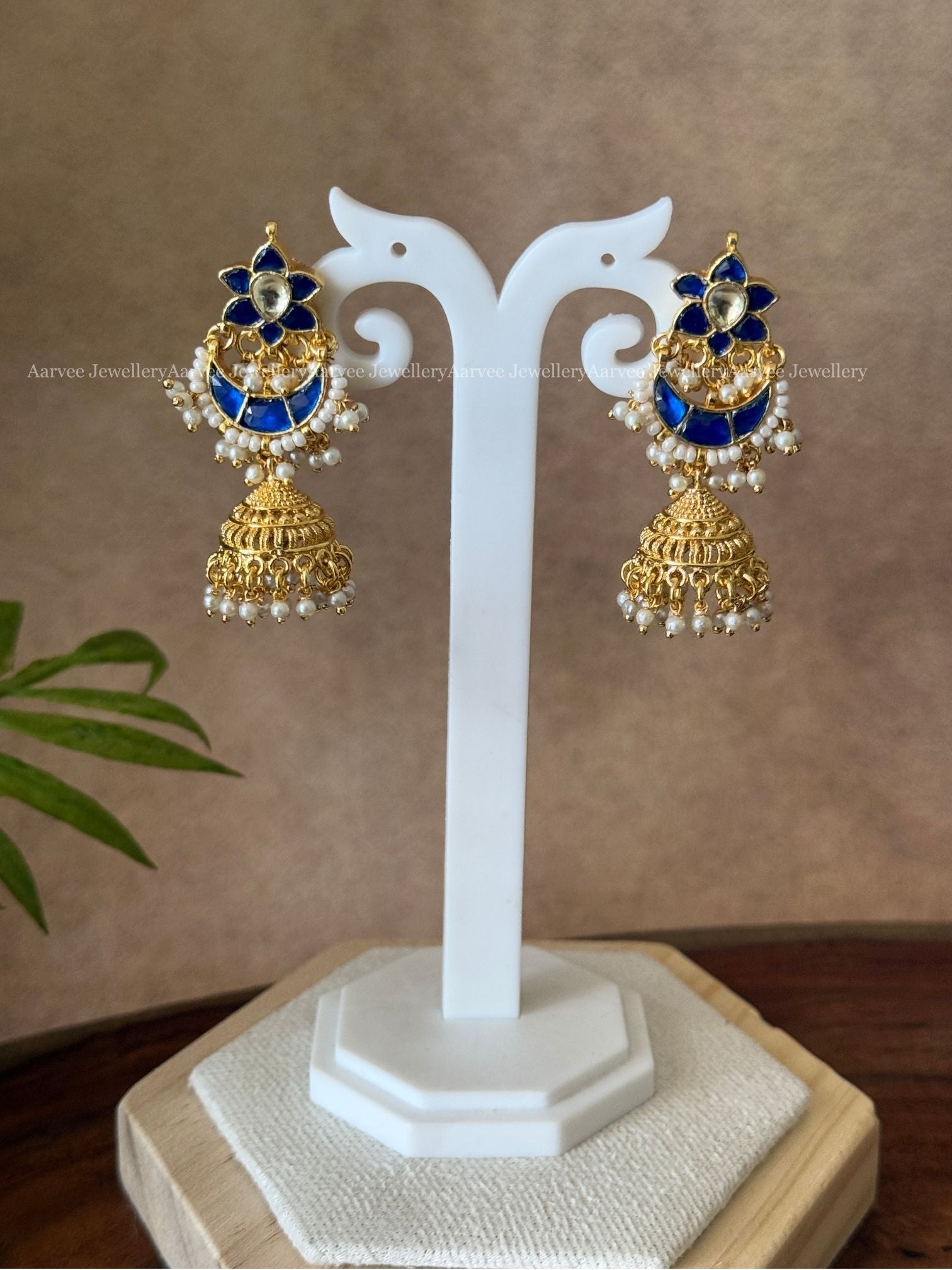POLKI KUNDAN BLUE STONE FLORAL CHAND JHUMKI