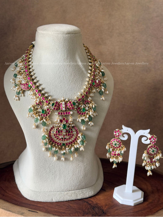 PREMIUM PINK KUNDAN STONE NON IDOL GUTTA PUSALU NECKLACE SET WITH PASTEL BEADS
