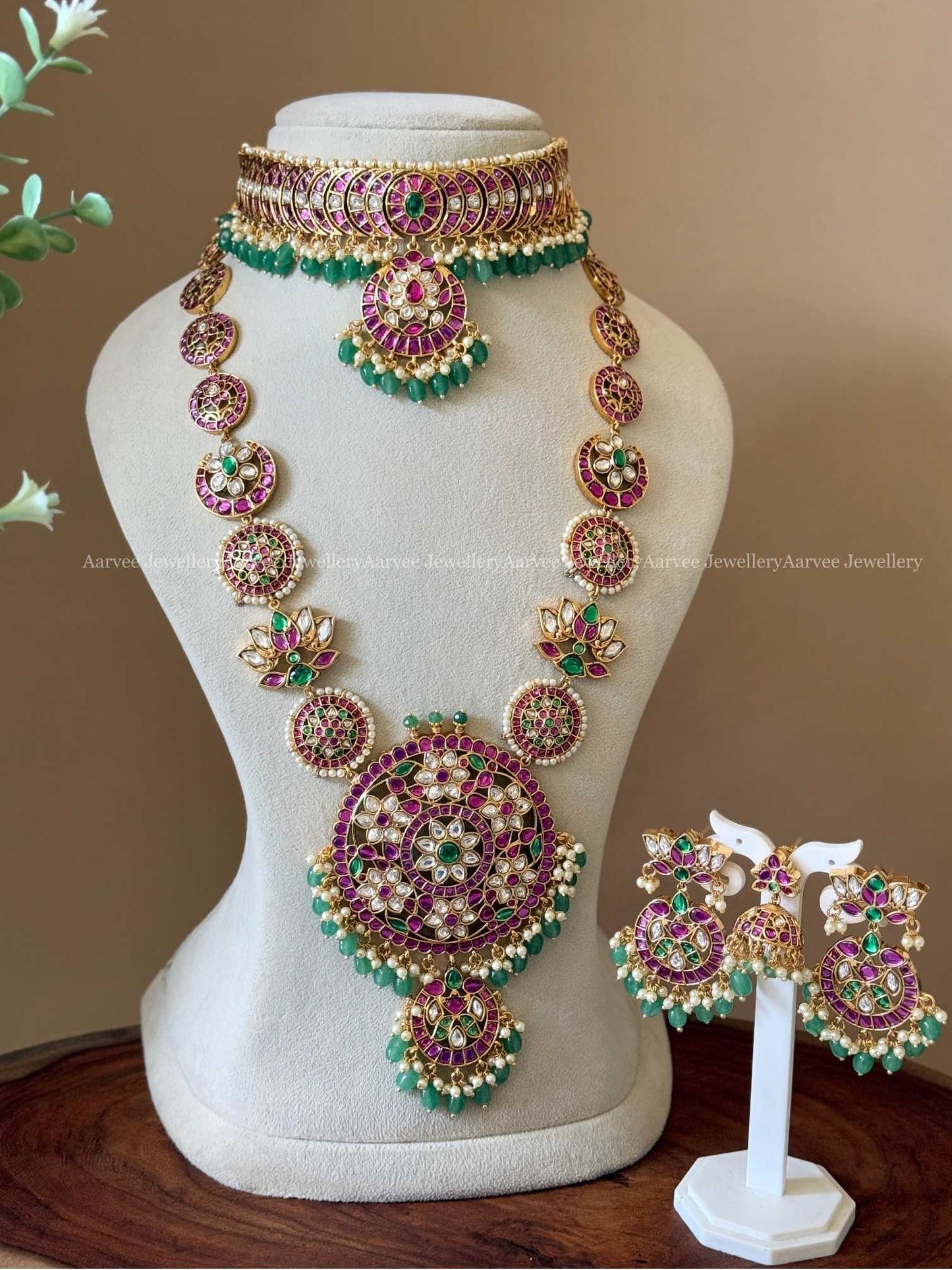 PREMIUM KEMP PINK / GREEN STONES CHOKER WITH LOTUS FLORAL HARAM SET WITH PASTEL BEADS