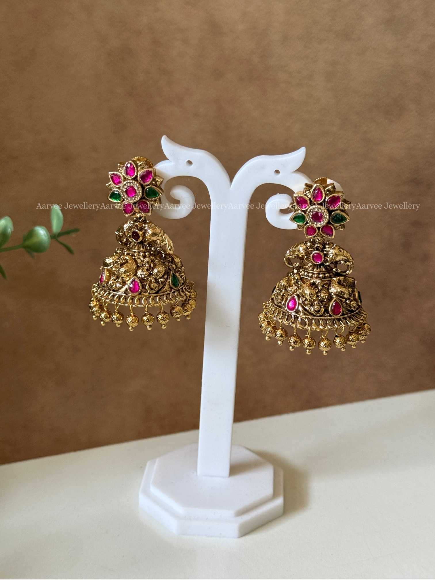 PREMIUM KUNDAN STONES FLORAL JHUMKI WITH GOLD BEADS