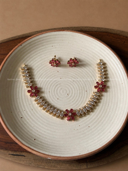 MINIMAL WHITE / RED CZ STONE FLORAL NECKLACE SET