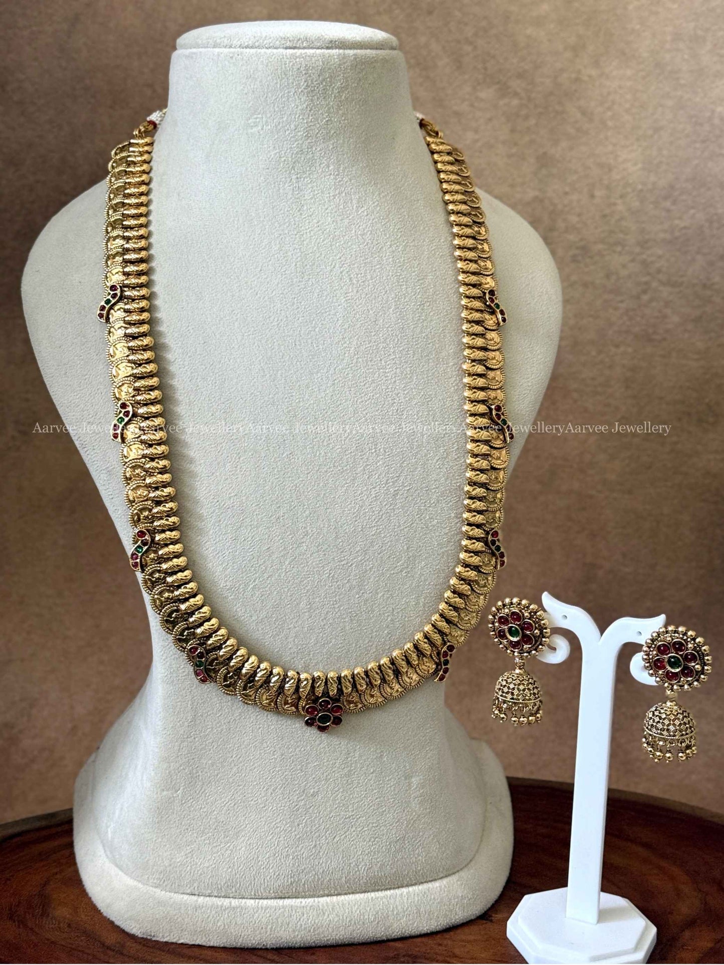 ANTIQUE GOLD COIN MID LENGTH HARAM SET WITH KEMP FLORAL MOTIFS
