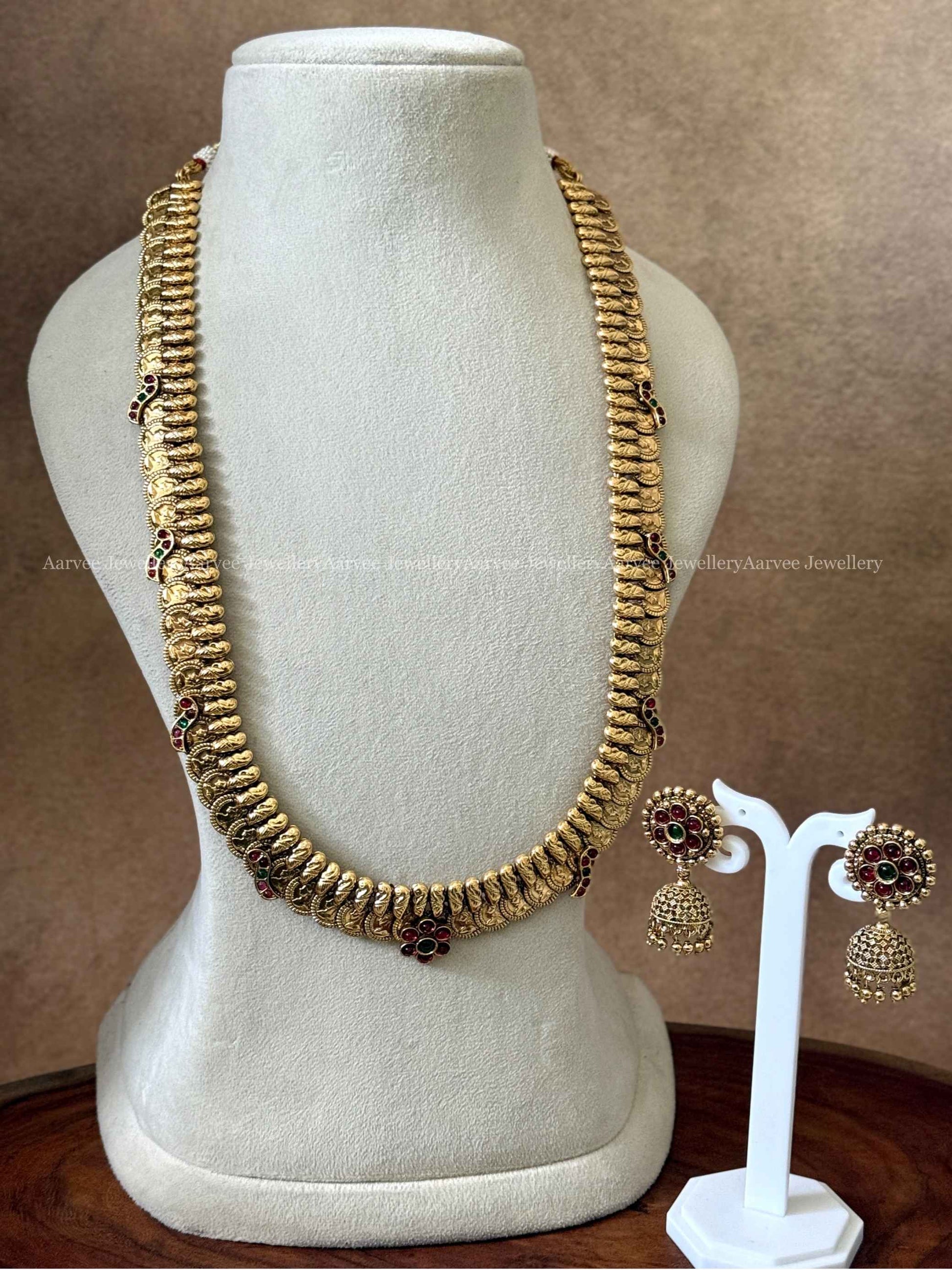 ANTIQUE GOLD COIN MID LENGTH HARAM SET WITH KEMP FLORAL MOTIFS