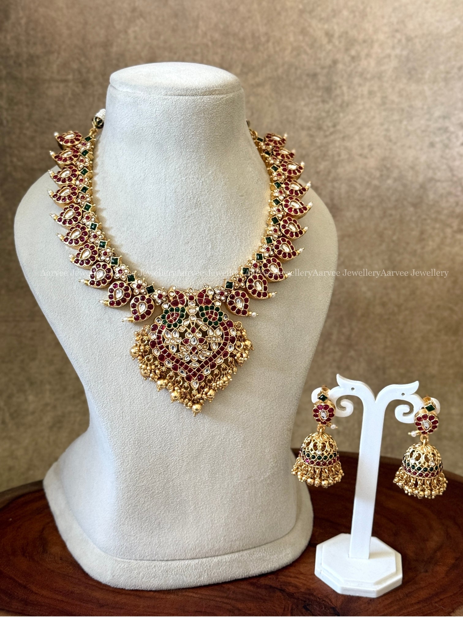 KEMP RUBY / GREEN STONES MANGO MOTIF NECKLACE SET WITH PEACOCK PENDANT & GOLD BEADS