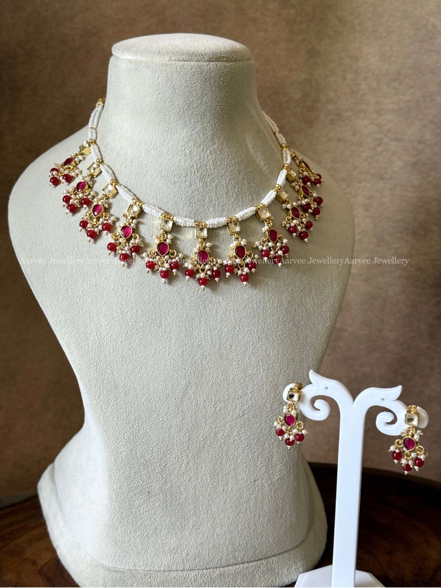 POLKI KUNDAN ELEGHANT PEARL NECKLACE SET WITH RED BEADS