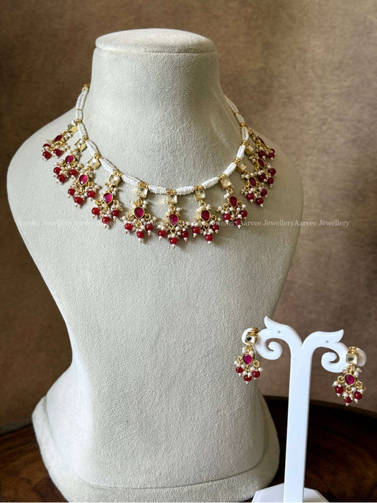 POLKI KUNDAN ELEGHANT PEARL NECKLACE SET WITH RED BEADS