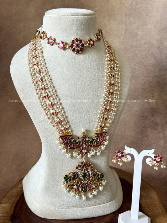 JADAU KUNDAN RUBY STONE FLORAL CHOKER SET WITH PEARL BUNCH PEACOCK PENDANT HARAM