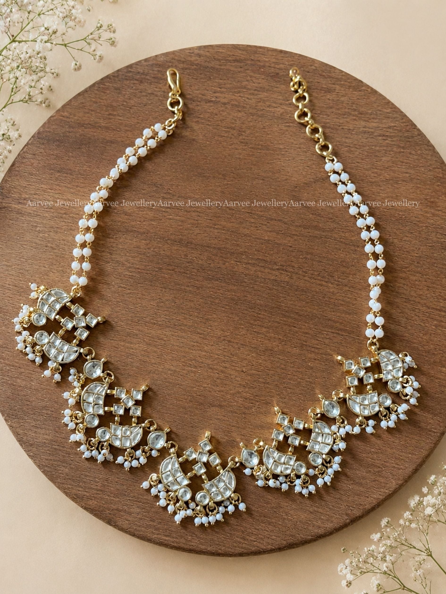 POLKI KUNDAN FIVE PENDANT WHITE STONE PEARL LINE NECKLACE 