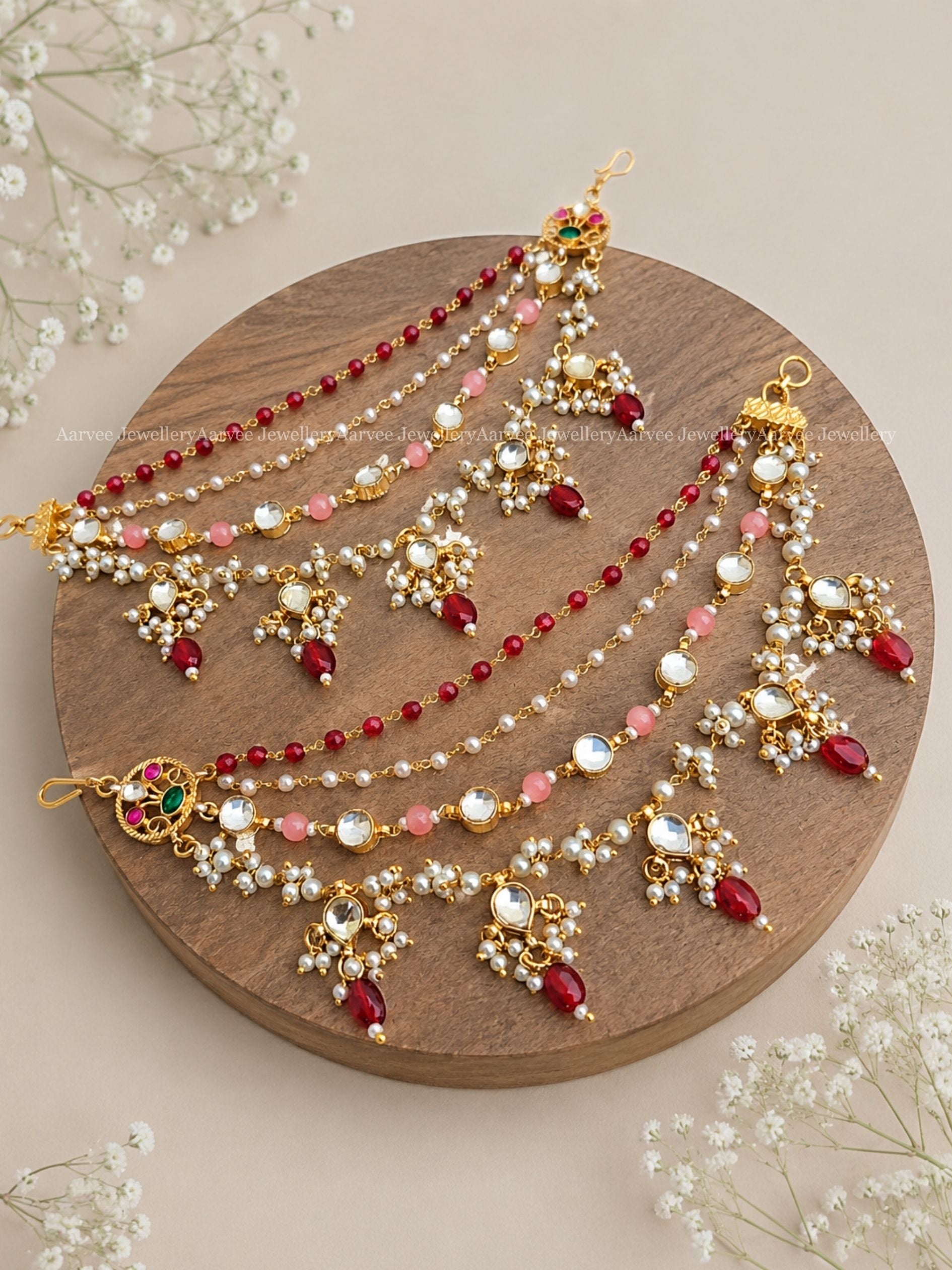 POLKI KUNDAN LAYERED EAR CHAIN WITH RED BEAD DROPS