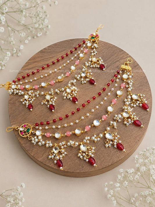 POLKI KUNDAN LAYERED EAR CHAIN WITH RED BEAD DROPS