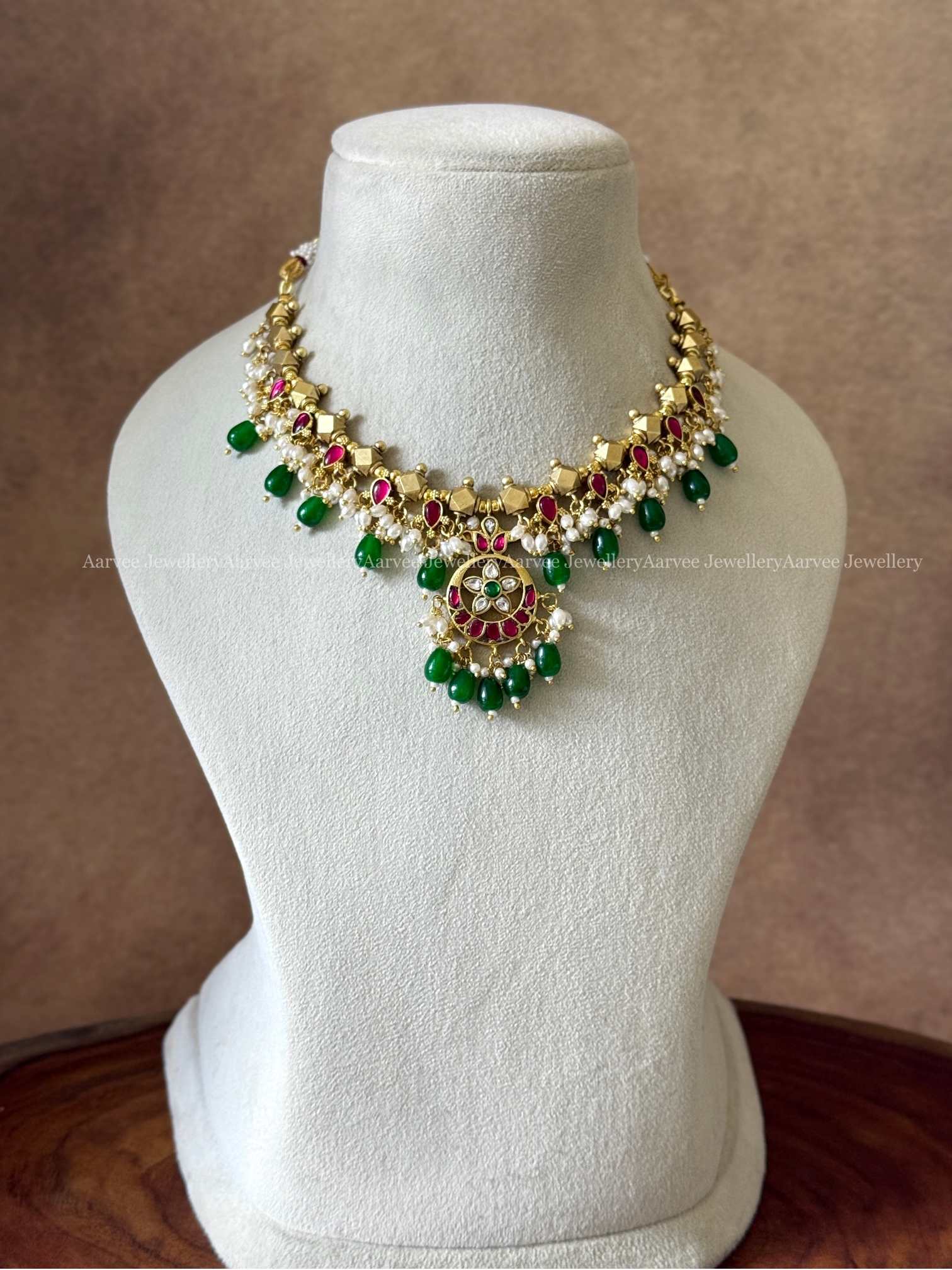 JADAU KUNDAN GOLD BALL BEADED NECKLACE WITH FLORAL PENDANT WITH GREEN BEADS