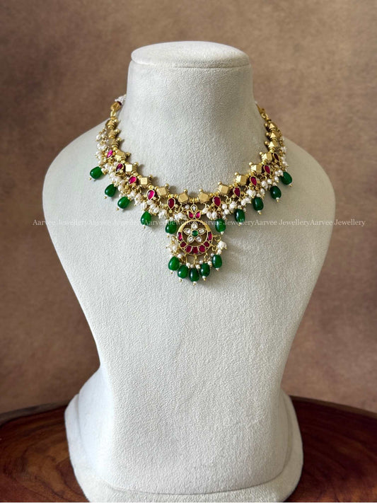 JADAU KUNDAN GOLD BALL BEADED NECKLACE WITH FLORAL PENDANT WITH GREEN BEADS