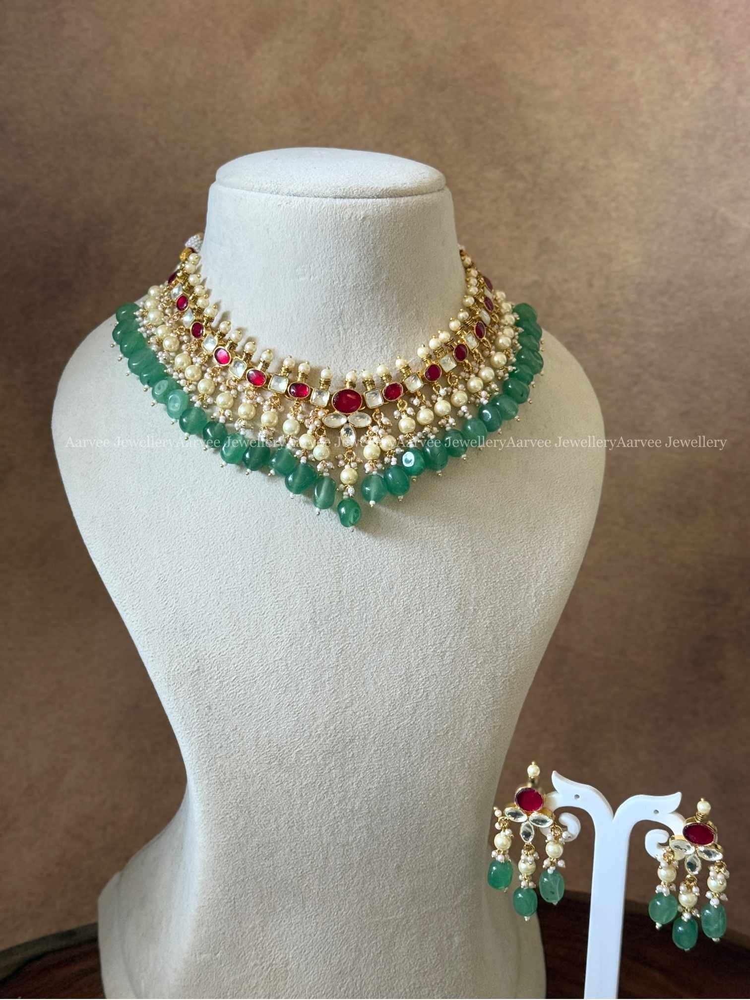 POLKI KUNDAN RUBY STONES NECKLACE SET WITH PASTEL BEADS