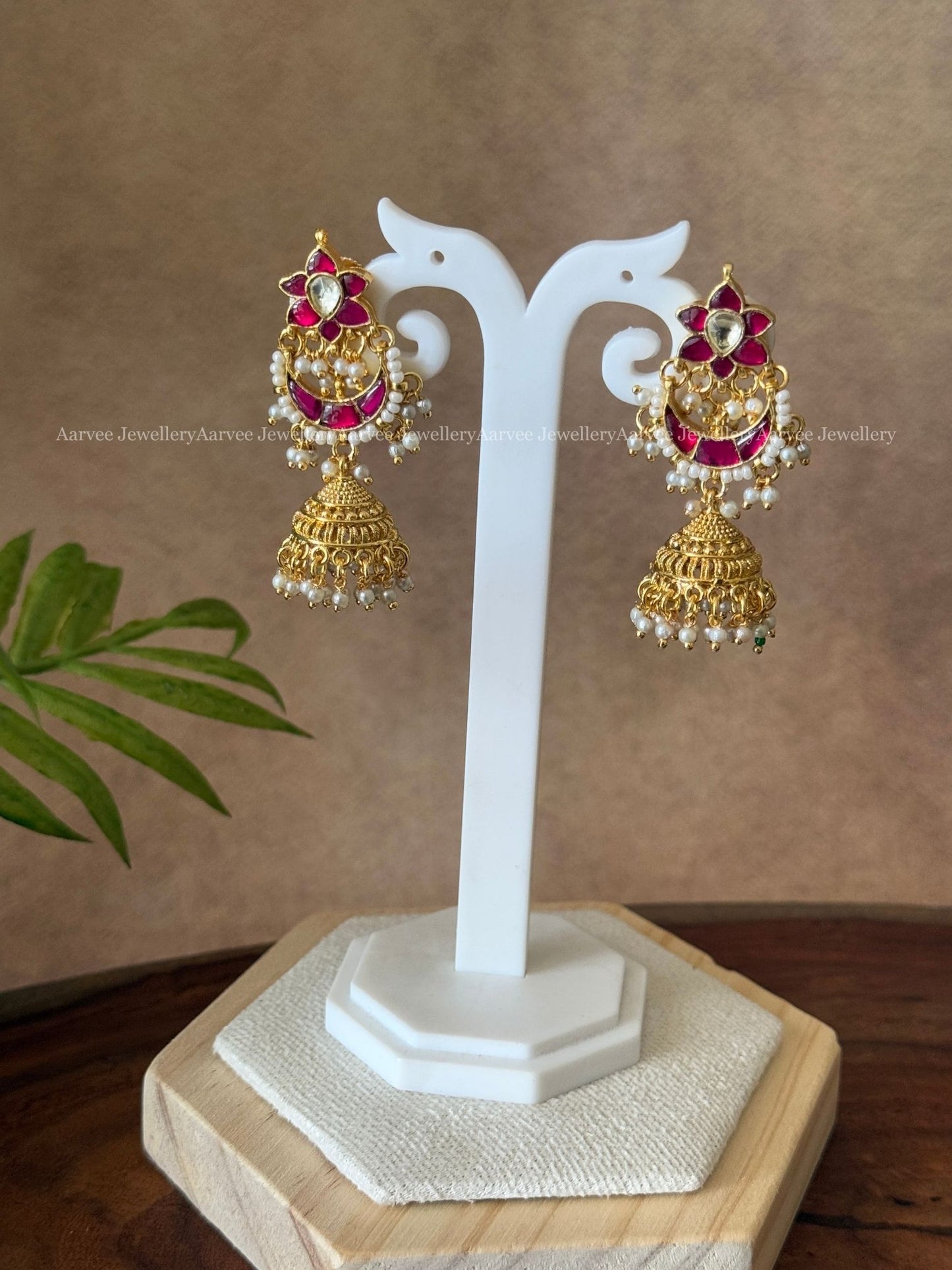 POLKI KUNDAN RUBY STONE FLORAL CHAND JHUMKI