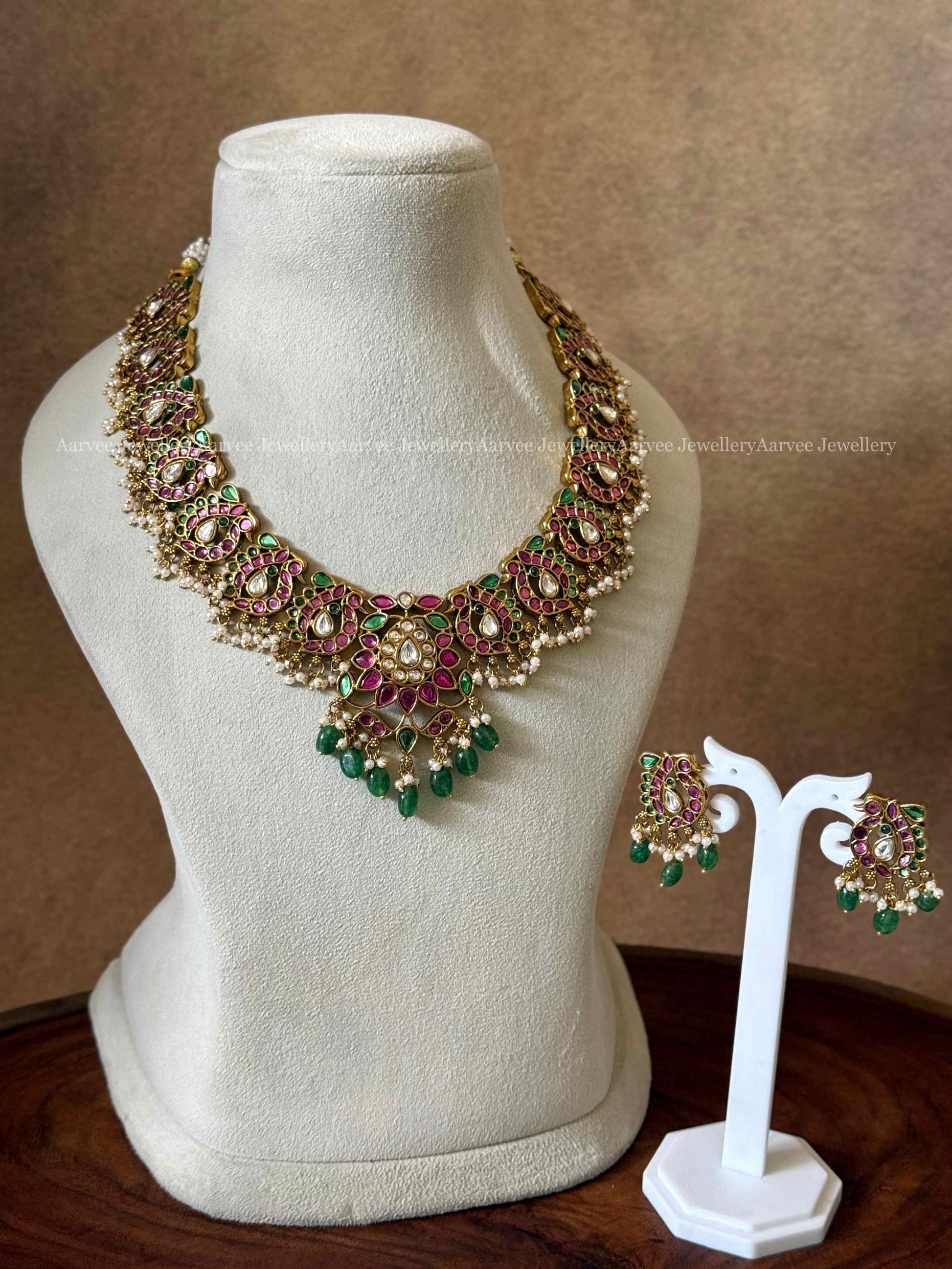 HIGH QUALITY MULTI COLOR KEMP STONE PEACOCK & FLORAL MOTIF NECKLACE SET WITH PASTEL BEADS