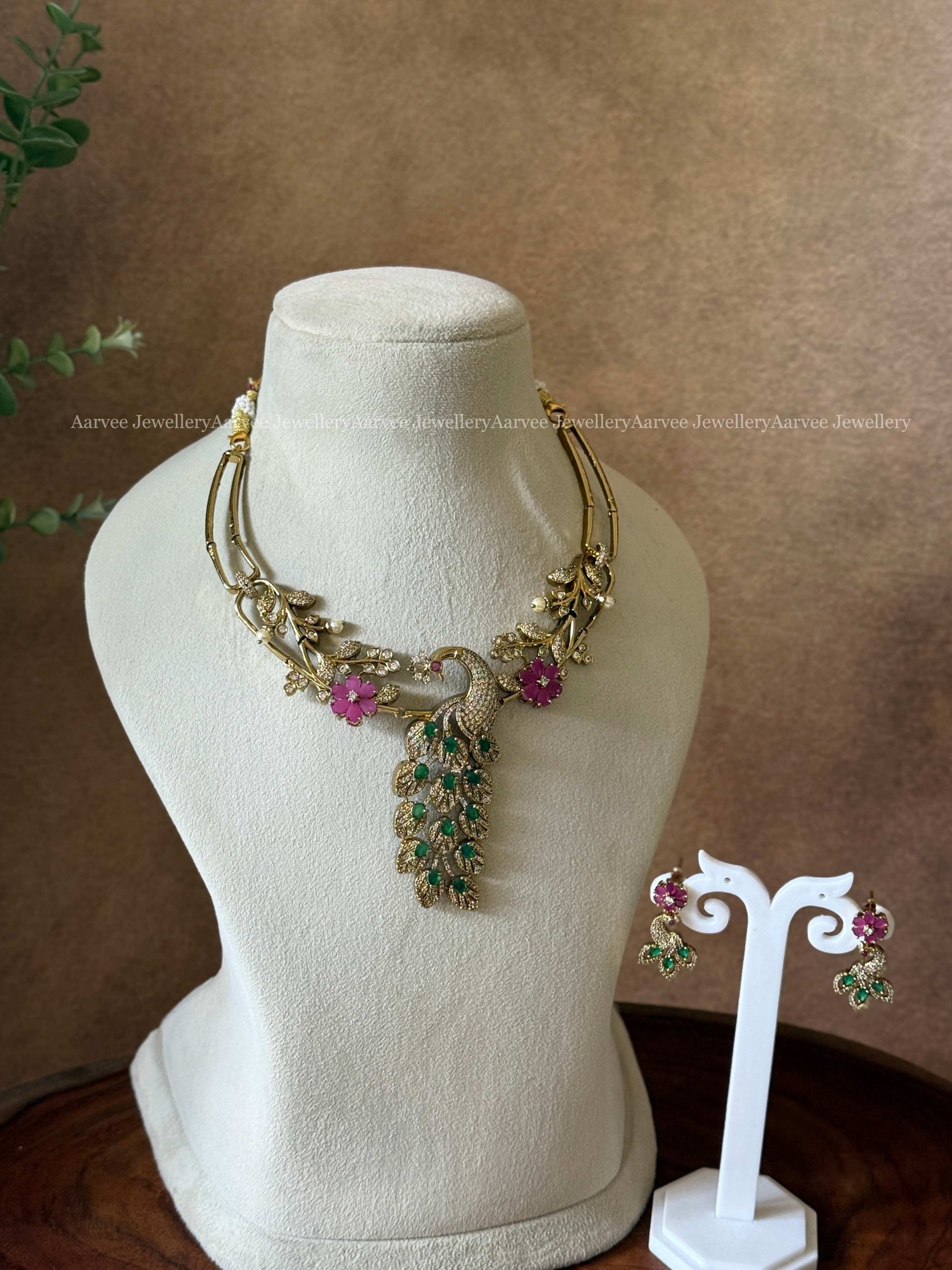 PREMIUM RUBY / GREEN CZ STONES PEACOCK PENDANT NECKLACE SET