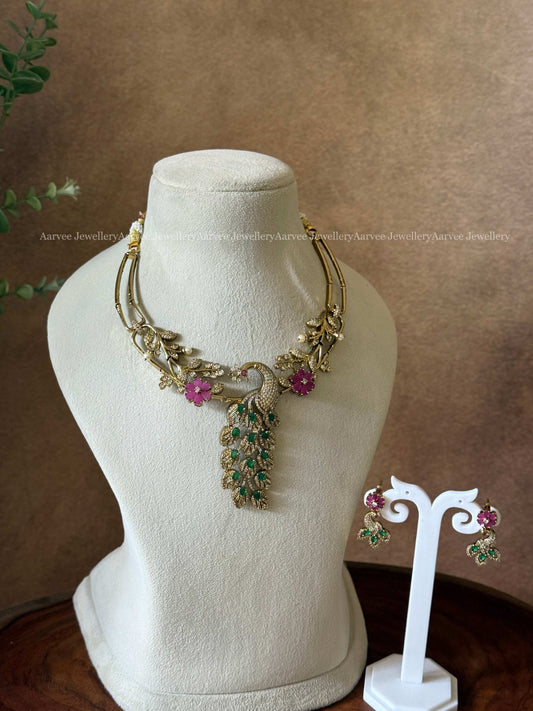 PREMIUM RUBY / GREEN CZ STONES PEACOCK PENDANT NECKLACE SET