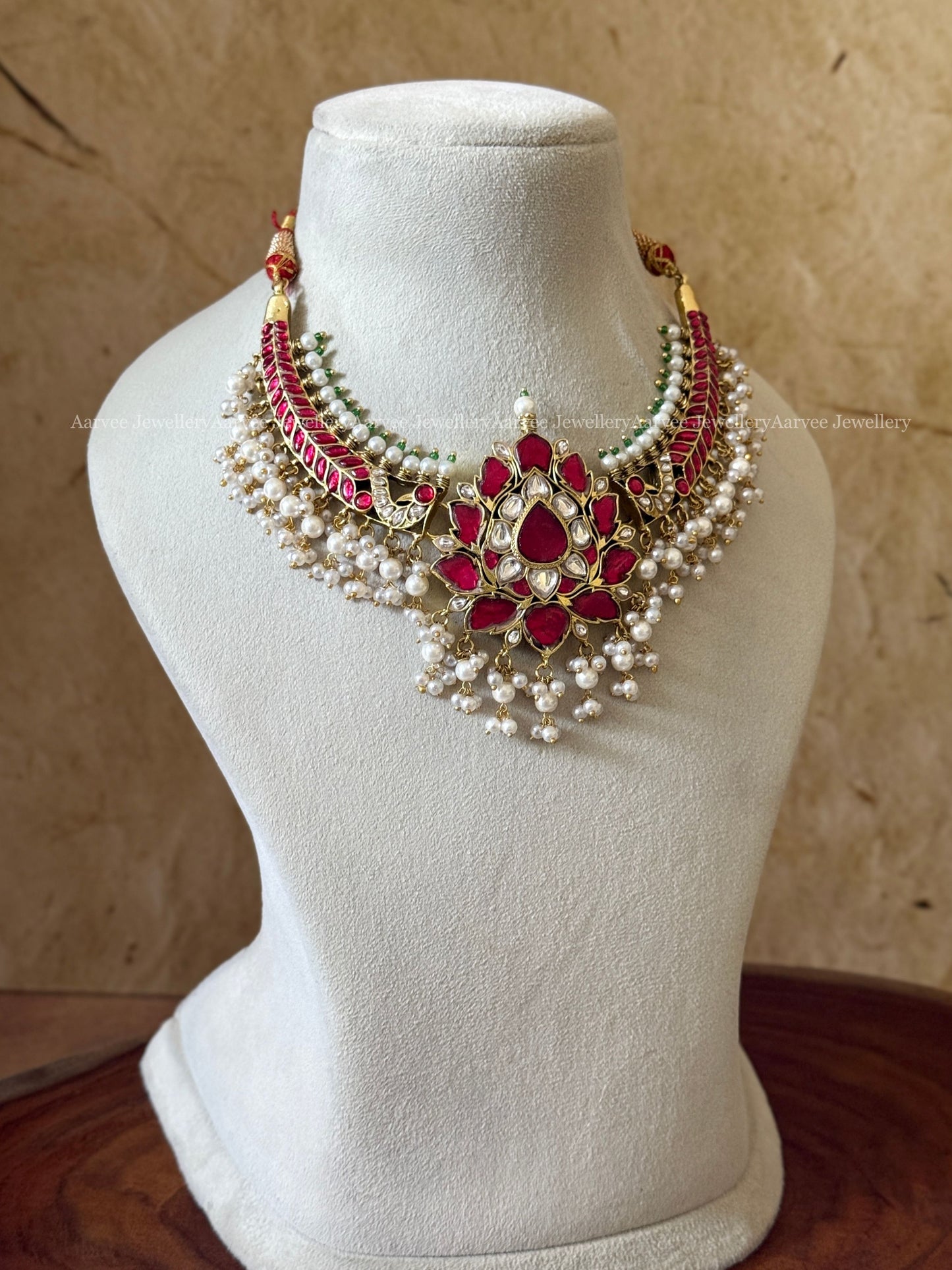 JADAU KUNDAN LOTUS KANTI NECKLACE WITH RUBY STONES & PEARLS