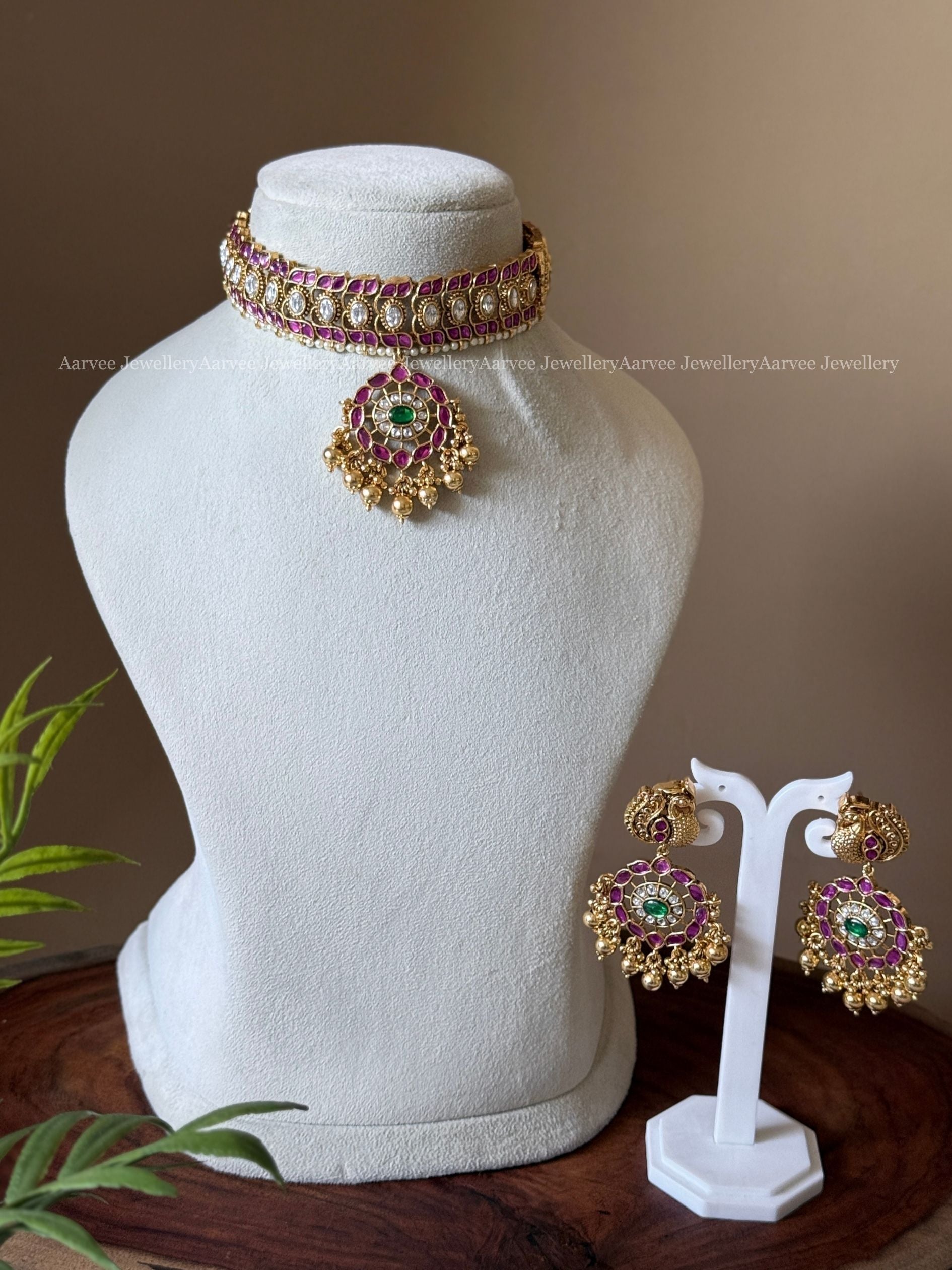 PREMIUM PINK KUNDAN PEACOCK MOTIF CHOKER SET WITH GOLD BEADS